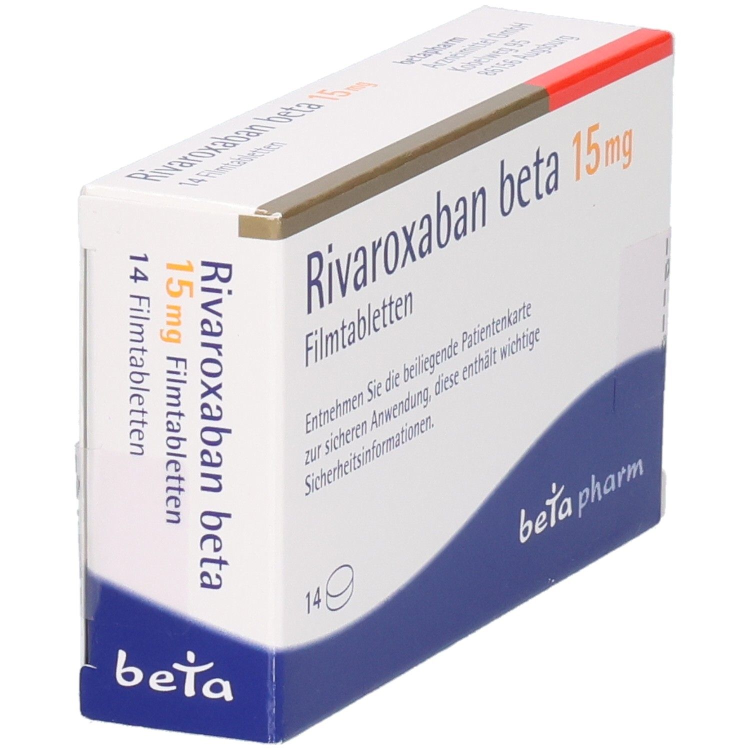 Schachtel RIVAROXABAN beta 15 mg Filmtabletten. Aufschrift: beta pharm. 14 Tabletten. Weiße Verpackung mit rotem Akzent.