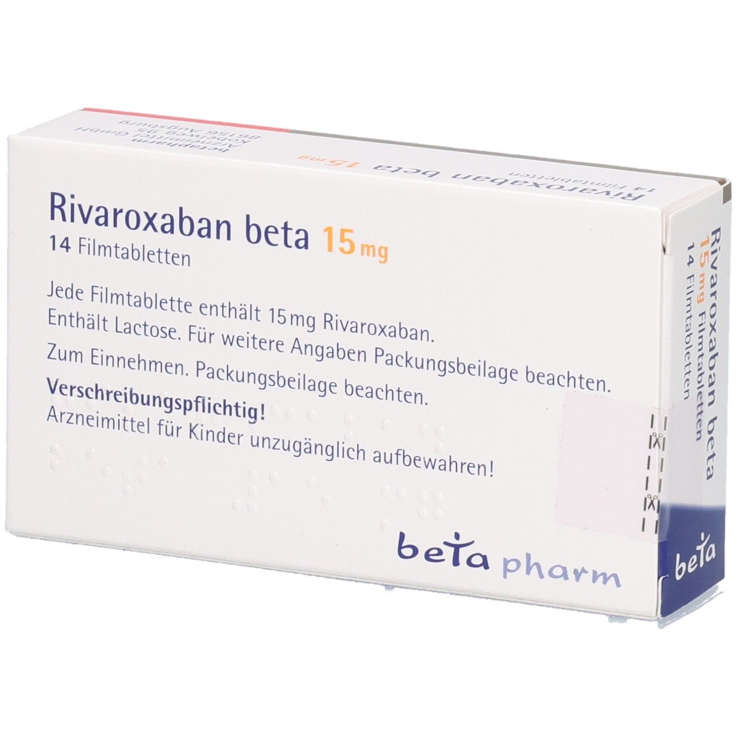 Schachtel RIVAROXABAN beta 15 mg Filmtabletten. Aufschrift: beta pharm. 14 Tabletten. Text auf Deutsch. Weiße Verpackung.