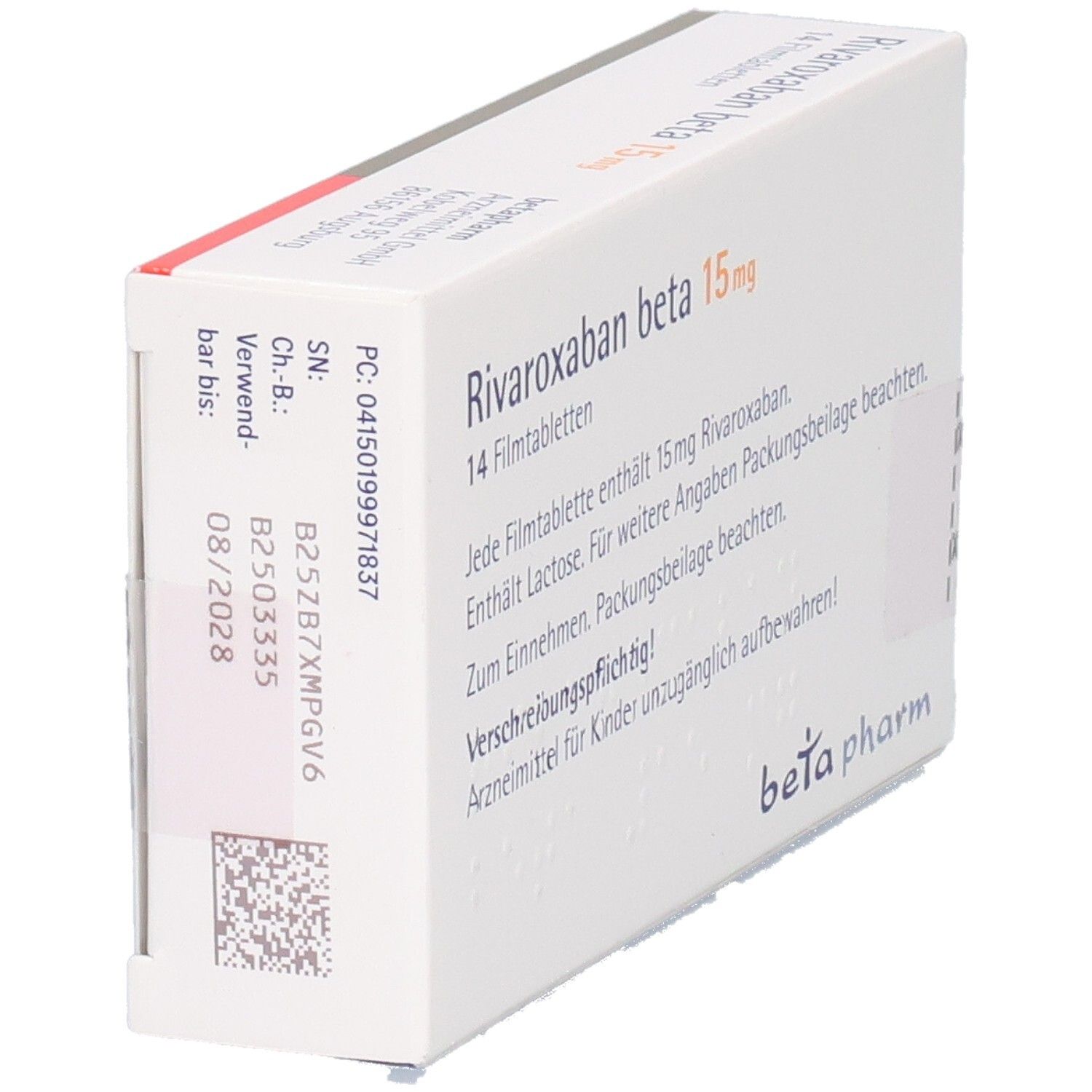 Schachtel RIVAROXABAN beta 15 mg Filmtabletten. Aufschrift: beta pharm. 14 Tabletten. Text auf Deutsch. Weiße Verpackung.