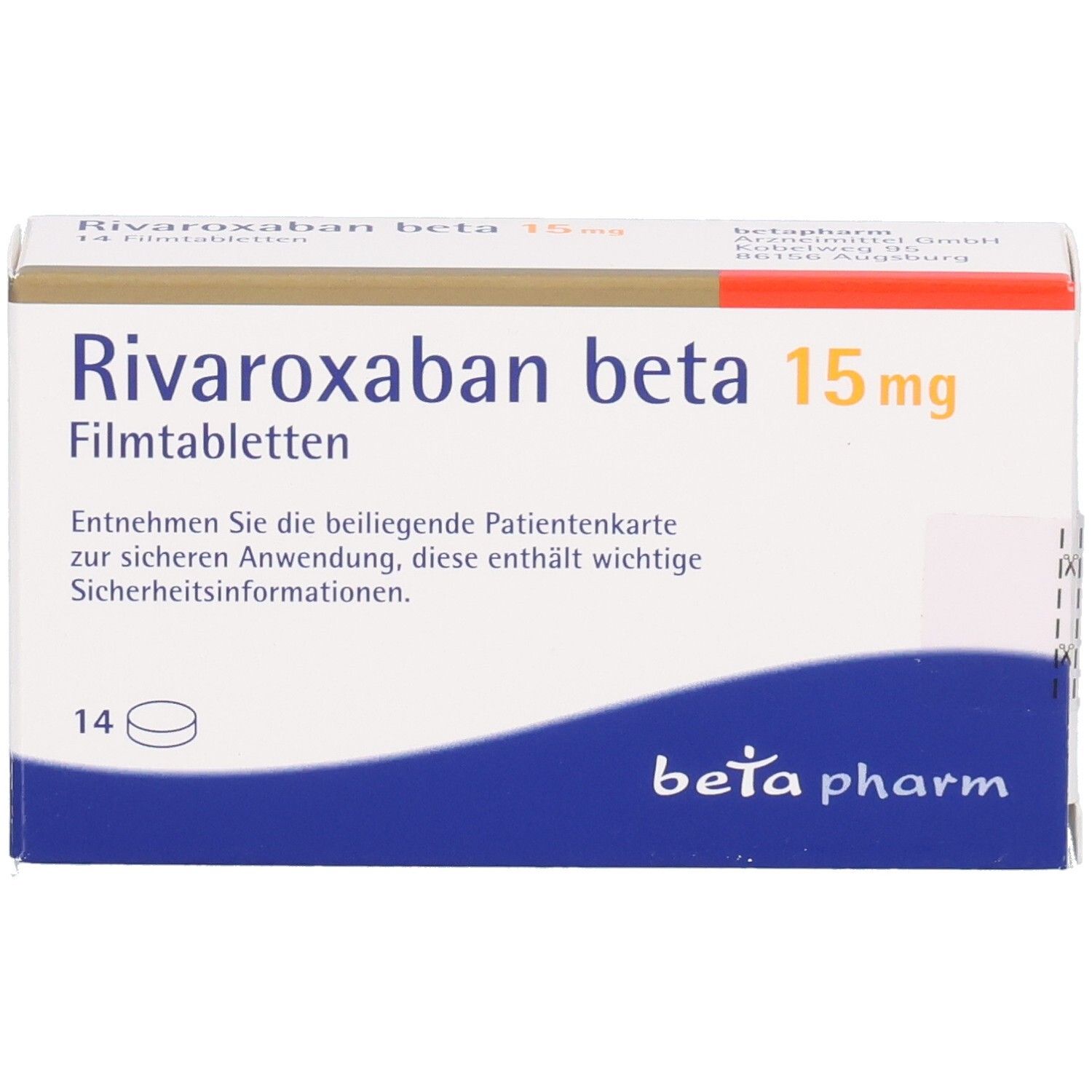 Schachtel mit RIVAROXABAN beta 15 mg Filmtabletten. Aufschrift: beta pharm. 14 Tabletten. Weiße und blaue Verpackung.