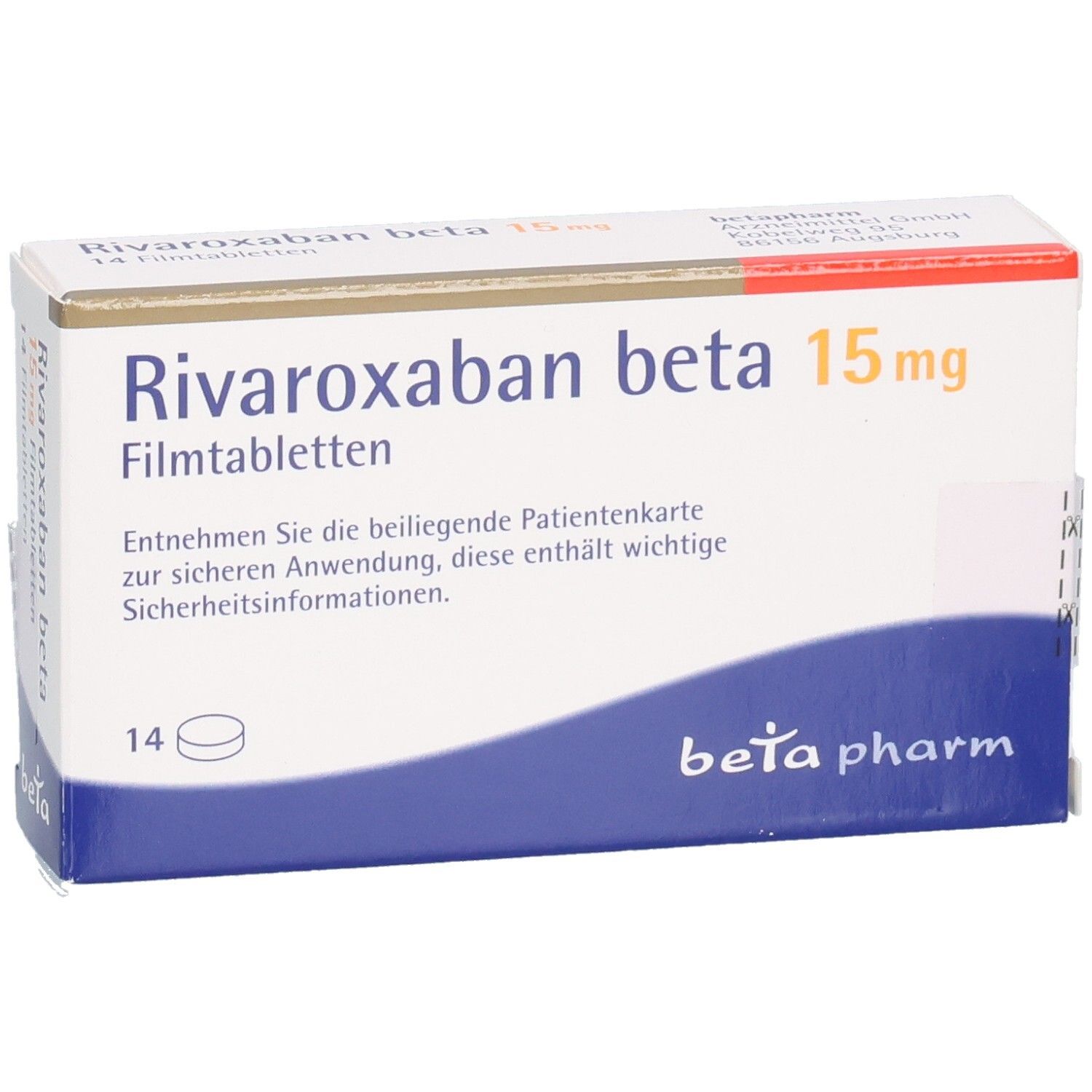 Schachtel mit RIVAROXABAN beta 15 mg Filmtabletten. Aufschrift: beta pharm. 14 Tabletten. Weiße und blaue Verpackung.