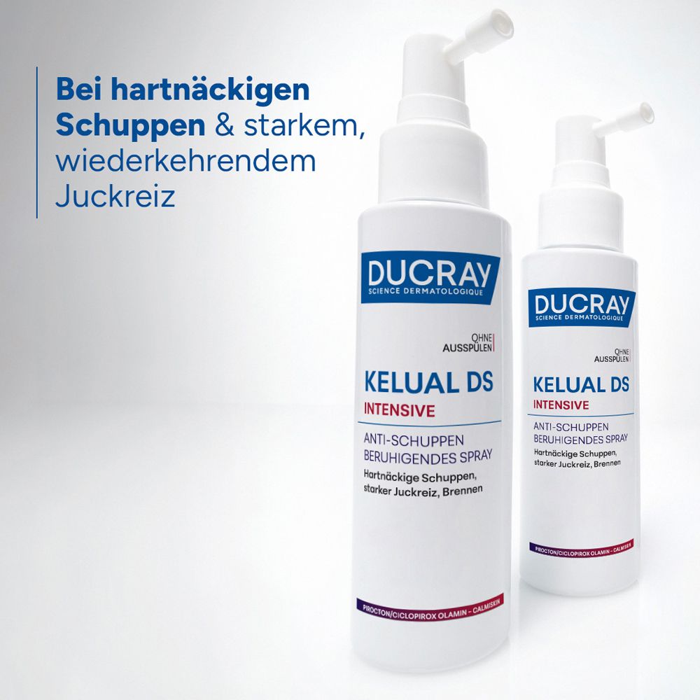 Zwei Flaschen Ducray KELUAL DS INTENSIVE Anti-Schuppen Beruhigendes Spray.
