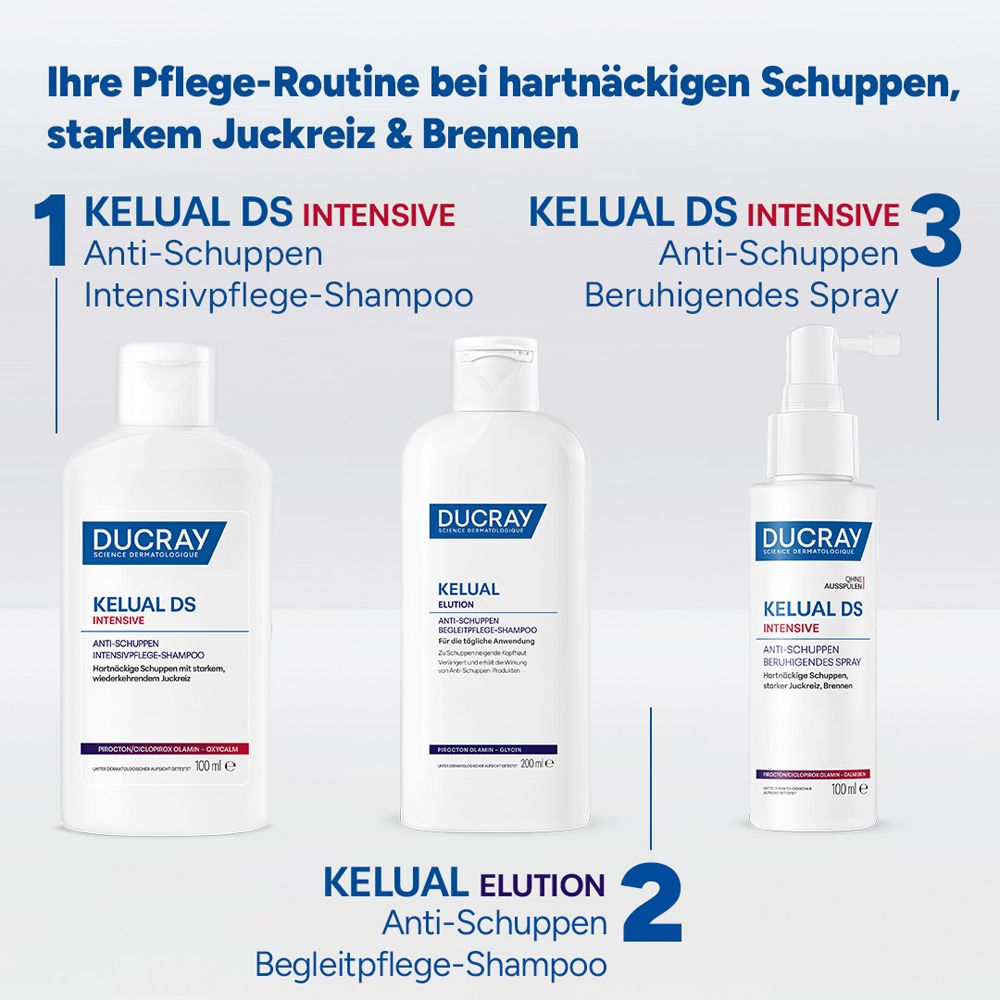 Pflege-Routine: KELUAL DS Shampoo, Elution Shampoo, Beruhigendes Spray.