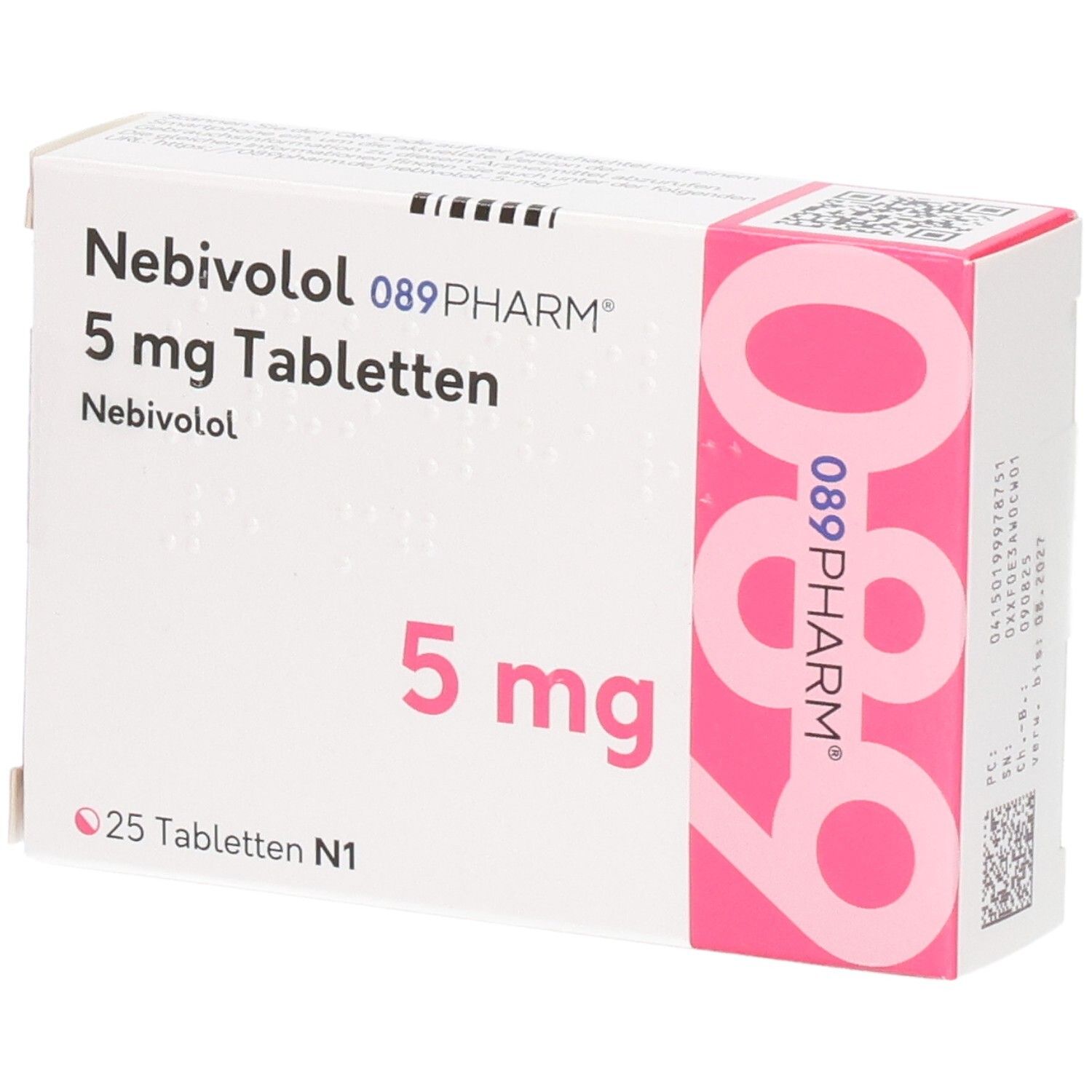 Schachtel mit Nebivolol 089PHARM 5 mg Tabletten. Aufschrift: 5 mg, 25 Tabletten N1. Rosa und weiße Verpackung.