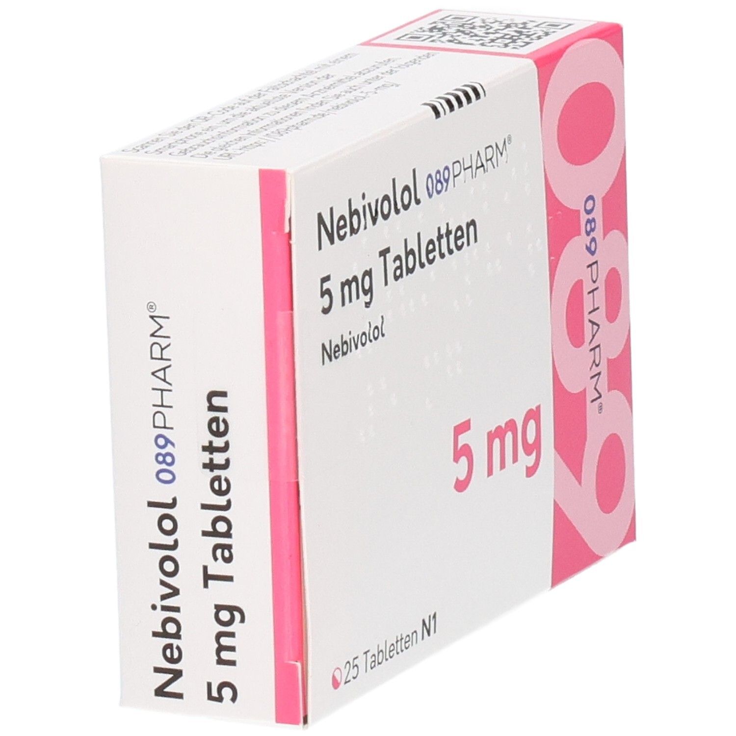 Schachtel mit Nebivolol 089PHARM 5 mg Tabletten. Aufschrift: 5 mg, 25 Tabletten N1. Rosa und weiße Verpackung, schräg.