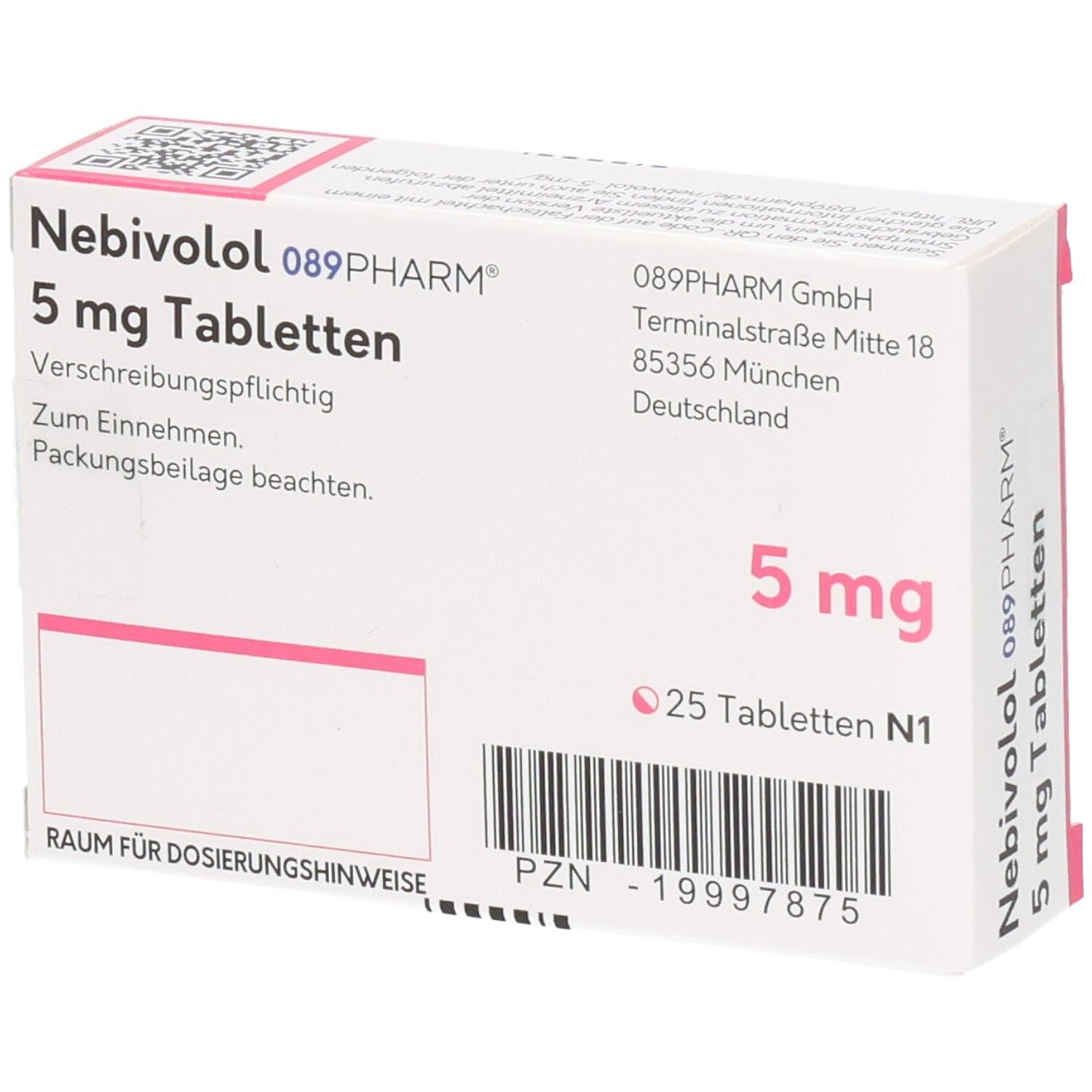 Schachtel mit Nebivolol 089PHARM 5 mg Tabletten. Aufschrift: 5 mg, 25 Tabletten N1. Adresse: Terminalstraße Mitte 18, München.