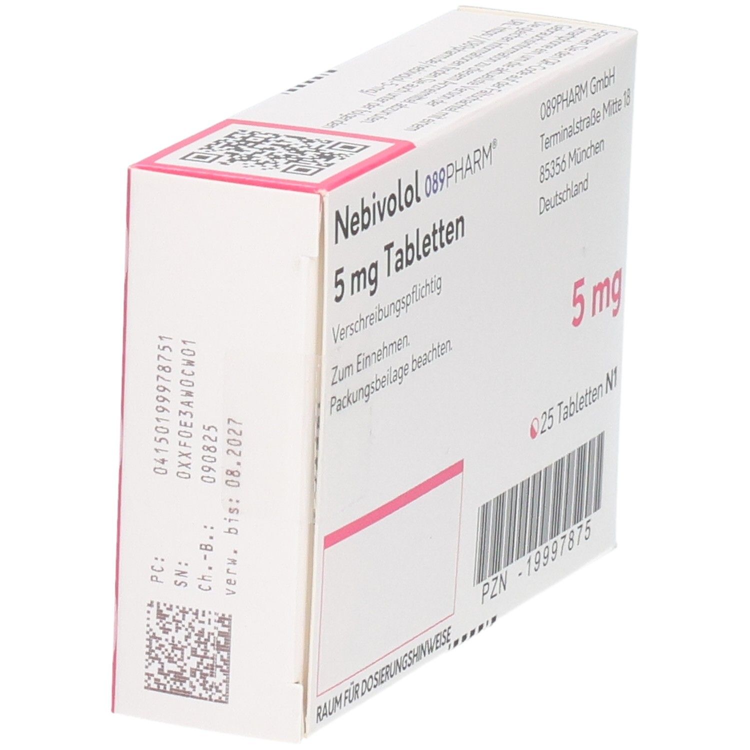 Schachtel mit Nebivolol 089PHARM 5 mg Tabletten. Aufschrift: 5 mg, 25 Tabletten N1. Rückseite mit Barcode und Daten.