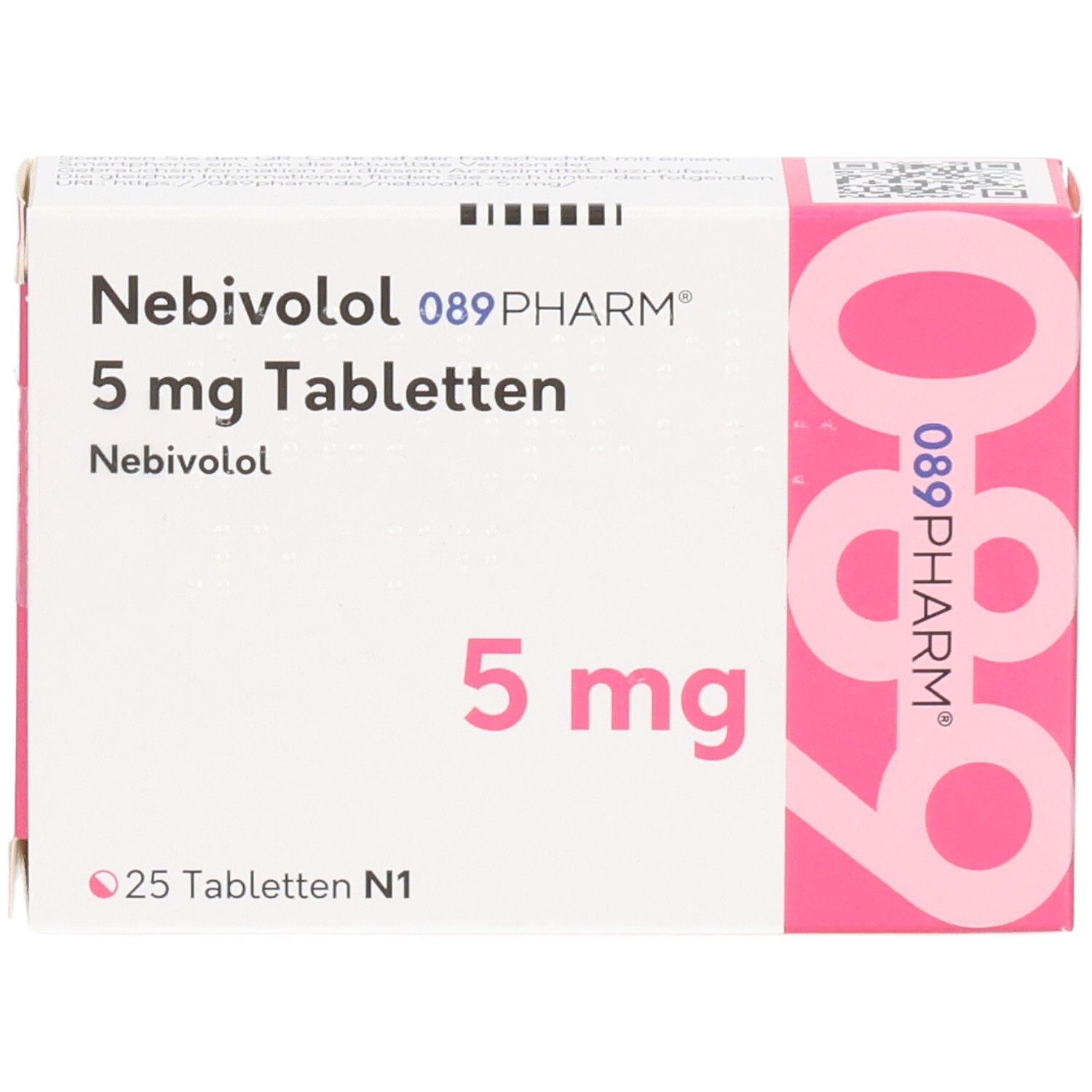 Schachtel mit Nebivolol 089PHARM 5 mg Tabletten. Aufschrift: 5 mg, 25 Tabletten N1. Rosa und weiße Verpackung.