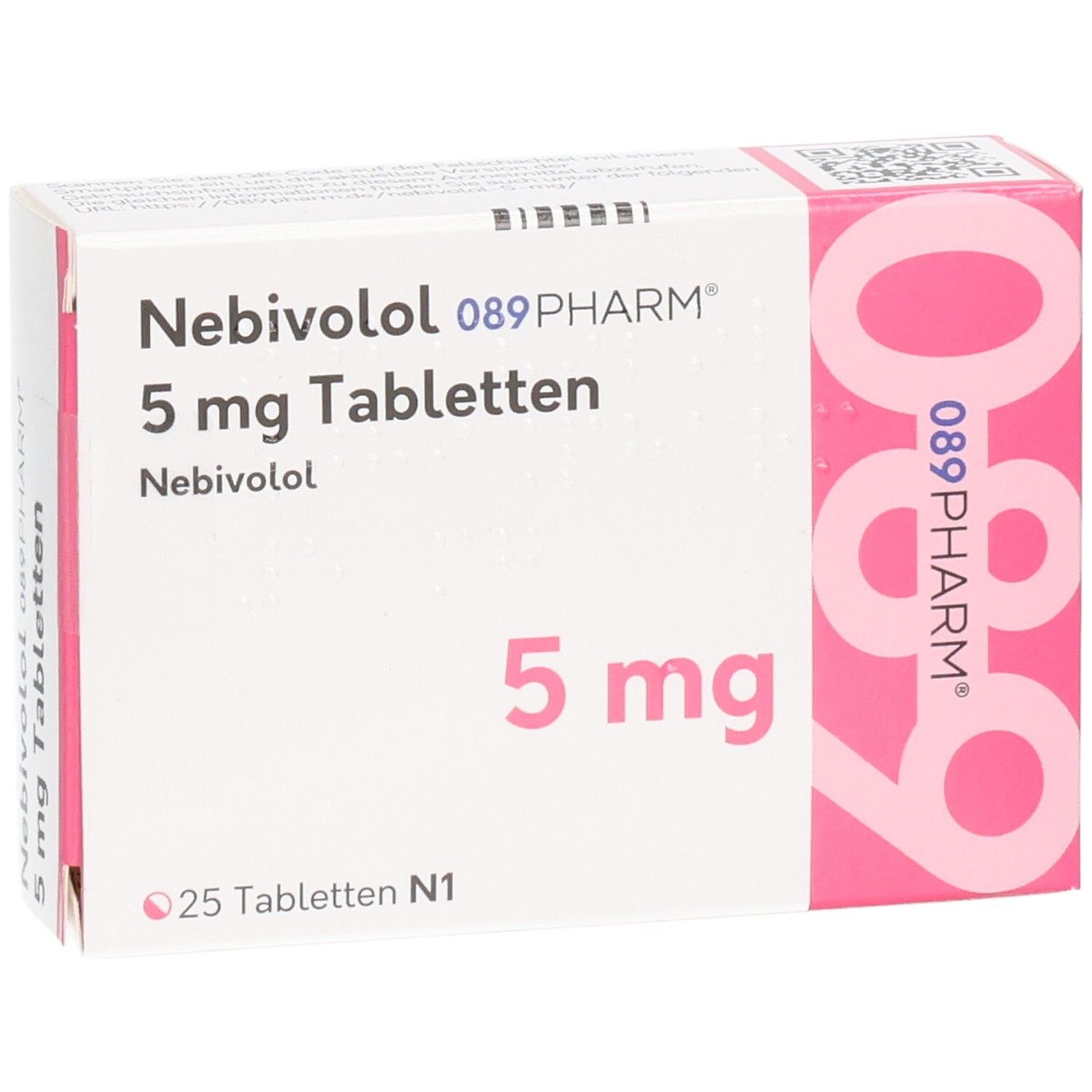 Schachtel mit Nebivolol 089PHARM 5 mg Tabletten. Aufschrift: 5 mg, 25 Tabletten N1. Rosa und weiße Verpackung.