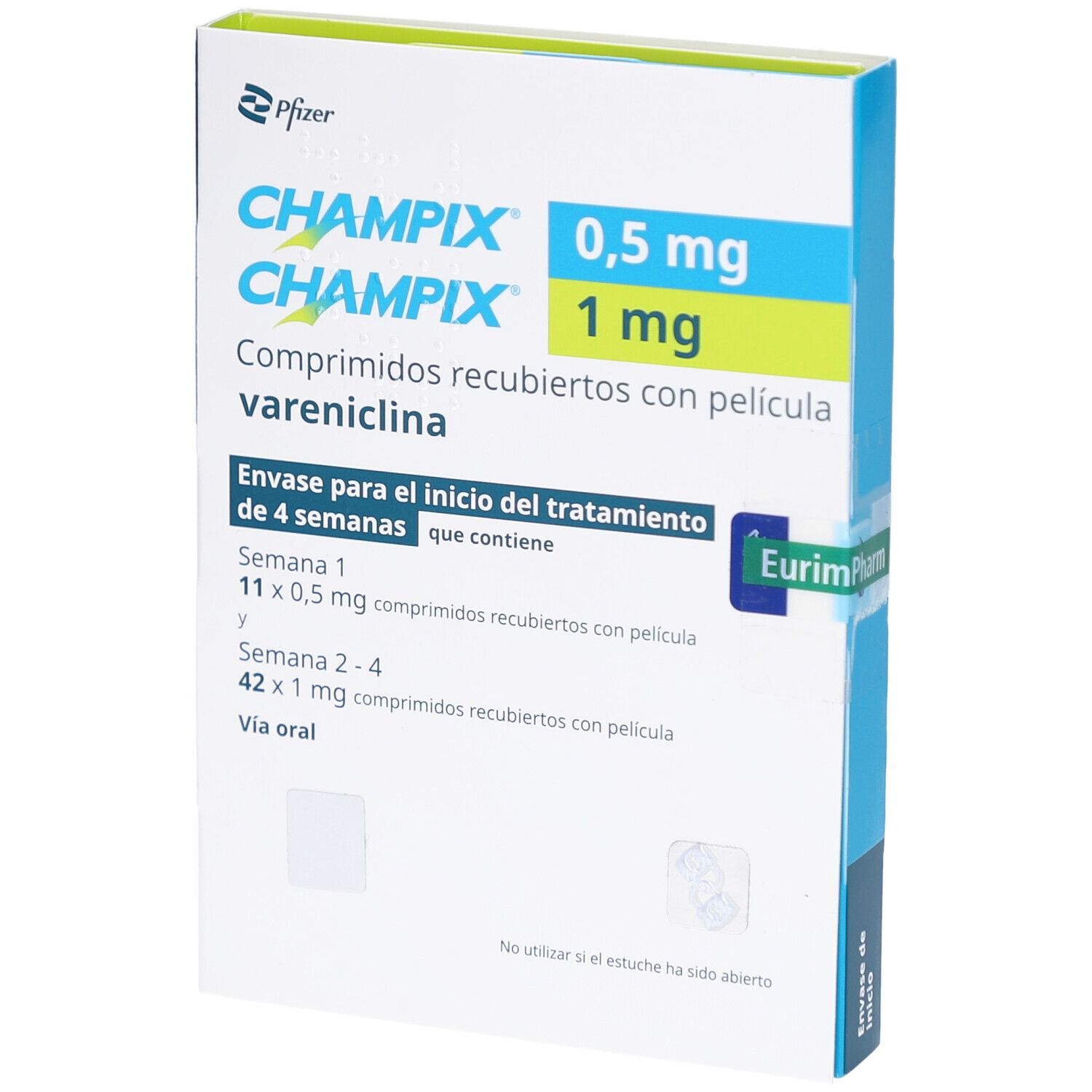 Schachtel mit CHAMPIX 0,5 mg/1 mg Filmtabl. Starterpackung. Enthält Tabletten für 4 Wochen. Vareniclin.