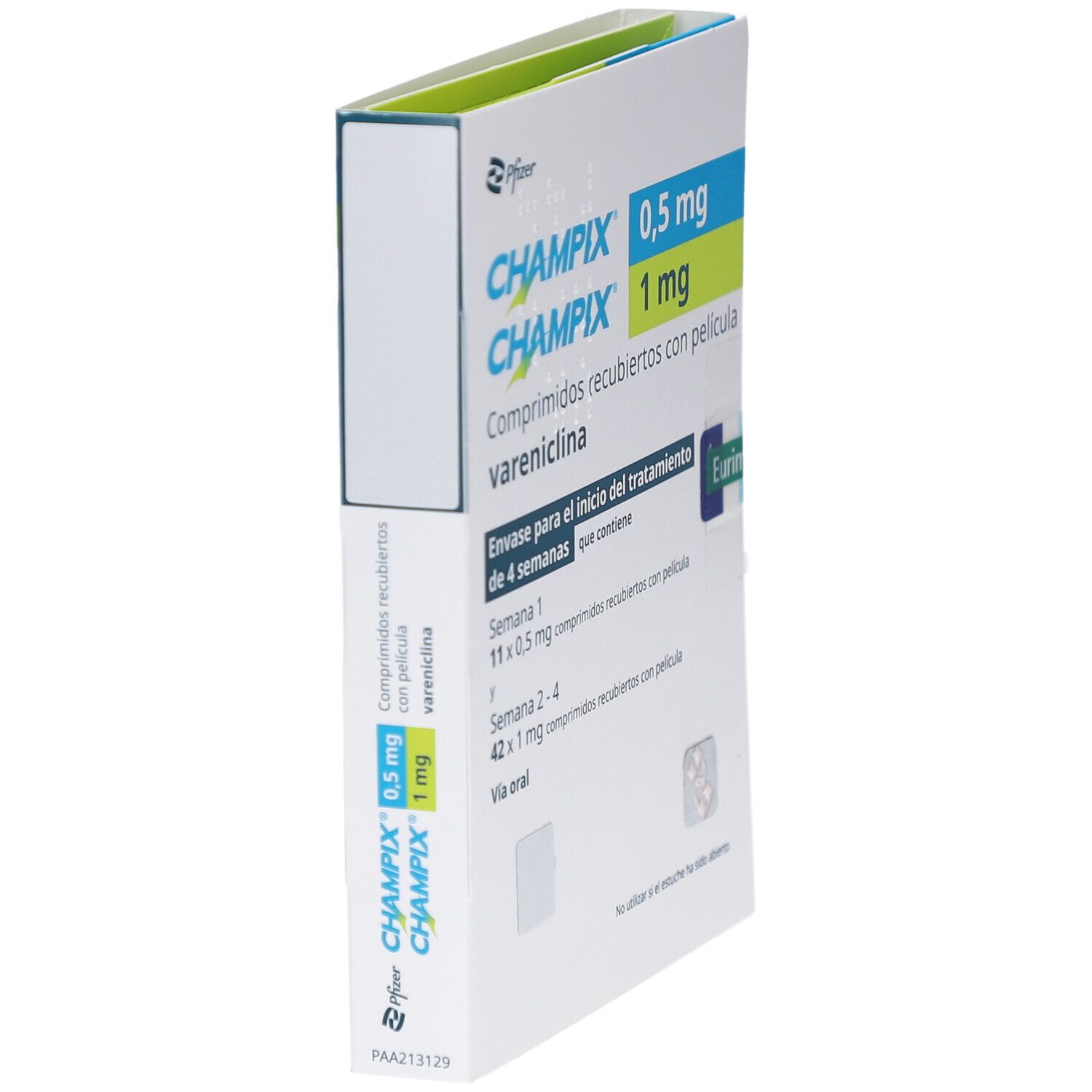 Schachtel CHAMPIX 0,5 mg/1 mg Filmtabl. Starterpackung. Seitenansicht. Enthält Tabletten für 4 Wochen.