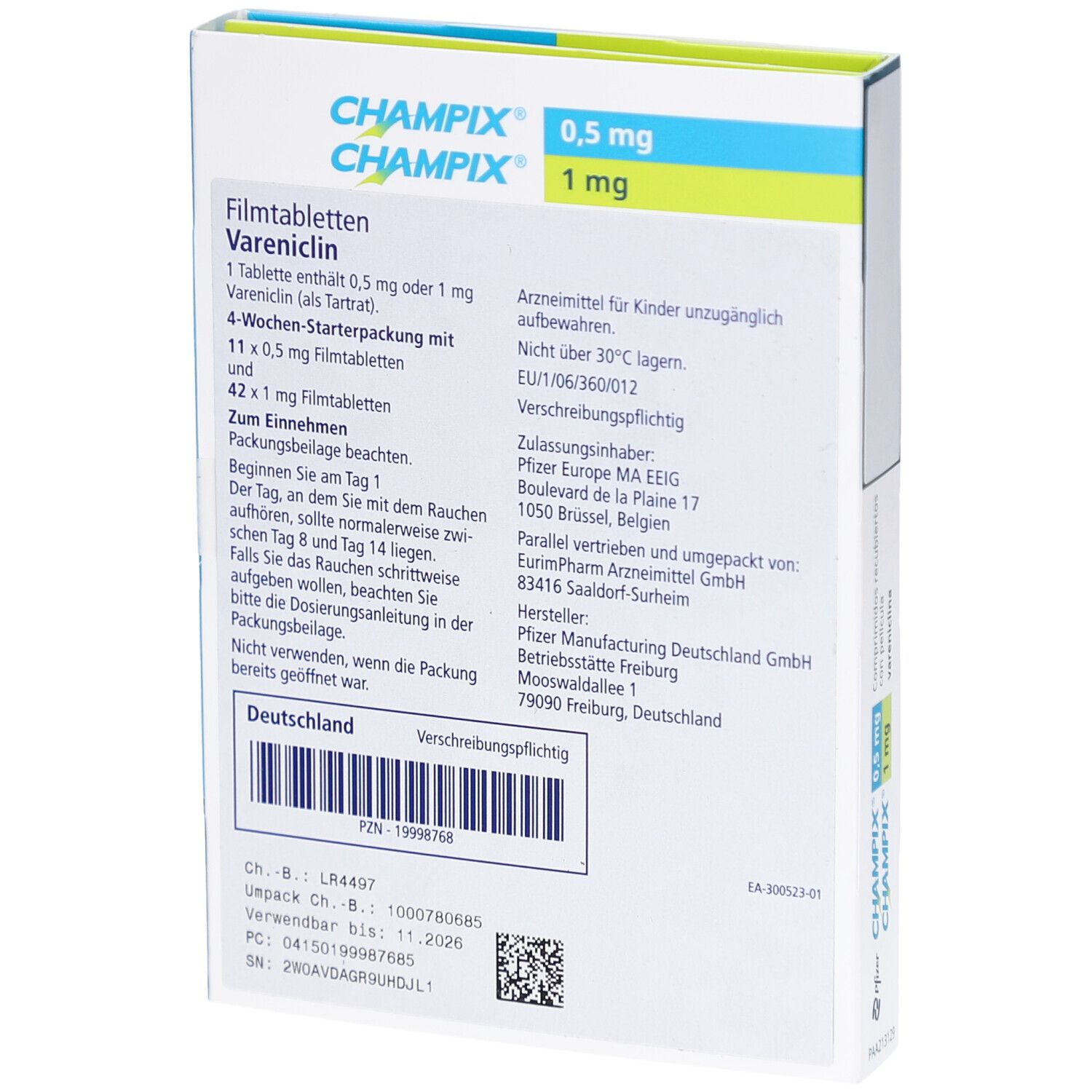 Rückseite der CHAMPIX 0,5 mg/1 mg Filmtabl. Starterpackung. Enthält 11+42 Filmtabletten. Text in Deutsch.