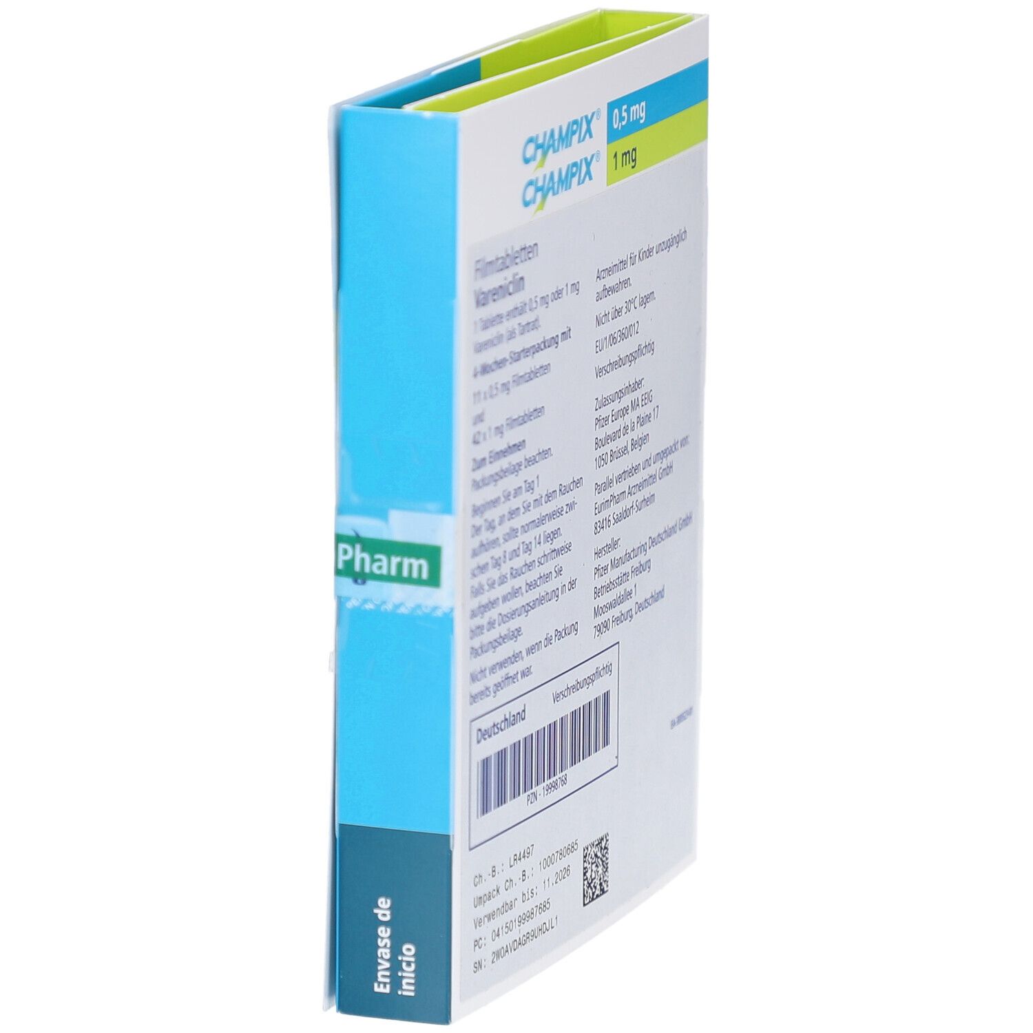 Seitenansicht der CHAMPIX 0,5 mg/1 mg Filmtabl. Starterpackung. Text in Deutsch.