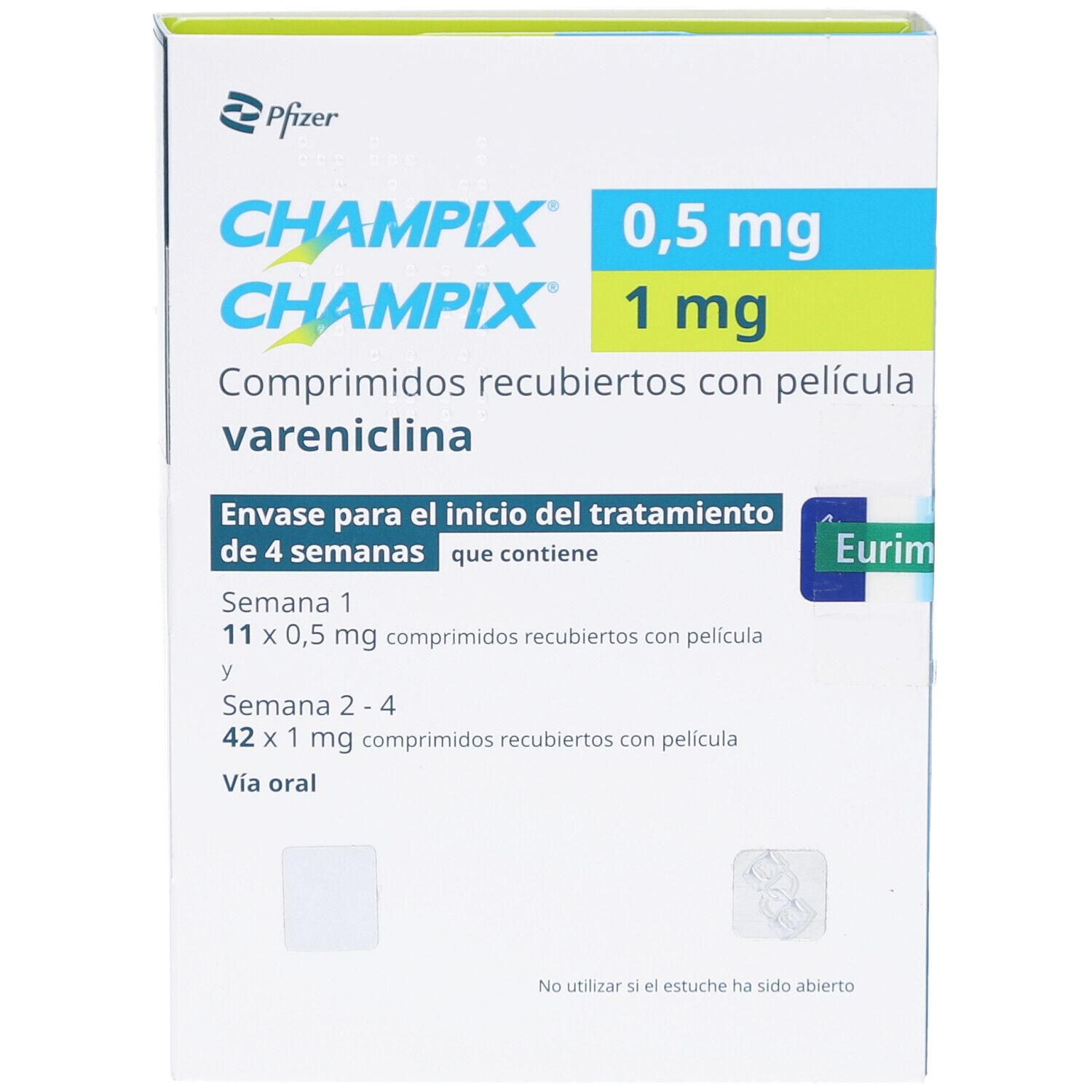 Schachtel mit CHAMPIX 0,5 mg/1 mg Filmtabl. Starterpackung. Enthält Tabletten für 4 Wochen. Vareniclin.