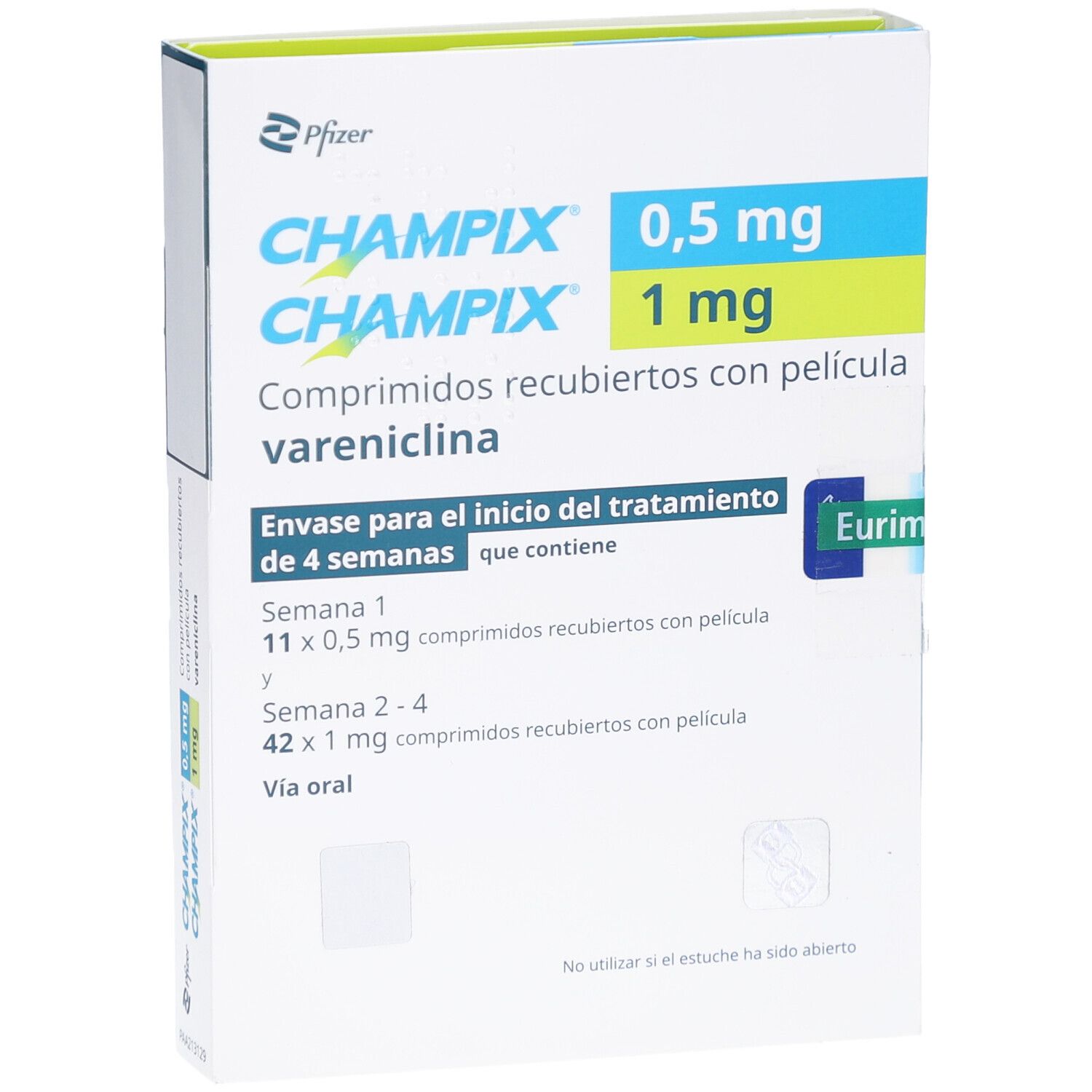 Schachtel mit CHAMPIX 0,5 mg/1 mg Filmtabl. Starterpackung. Enthält Tabletten für 4 Wochen. Vareniclin.