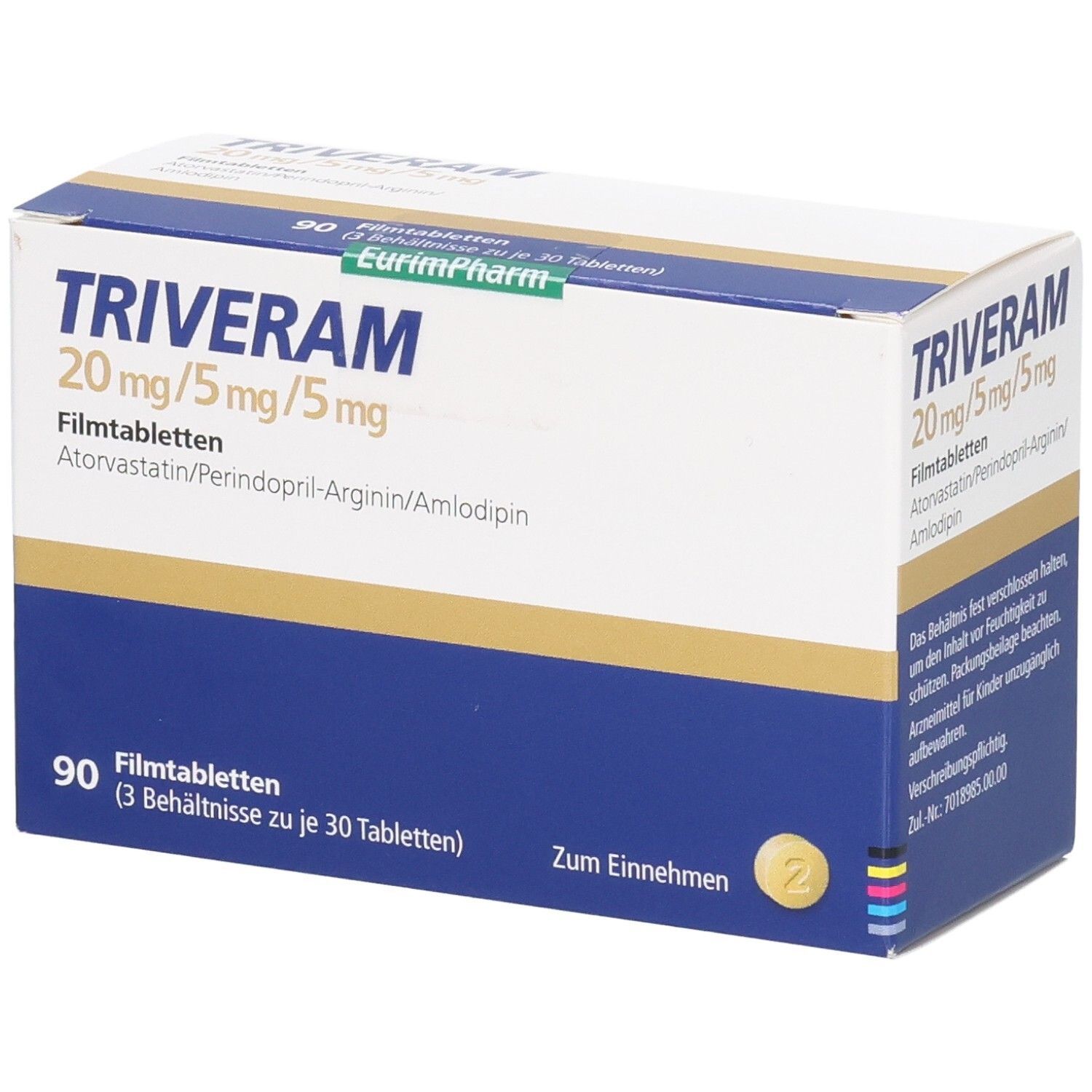 Schachtel TRIVERAM 20 mg/5 mg/5 mg Filmtabletten. Blaue und weiße Verpackung. 90 Tabletten.