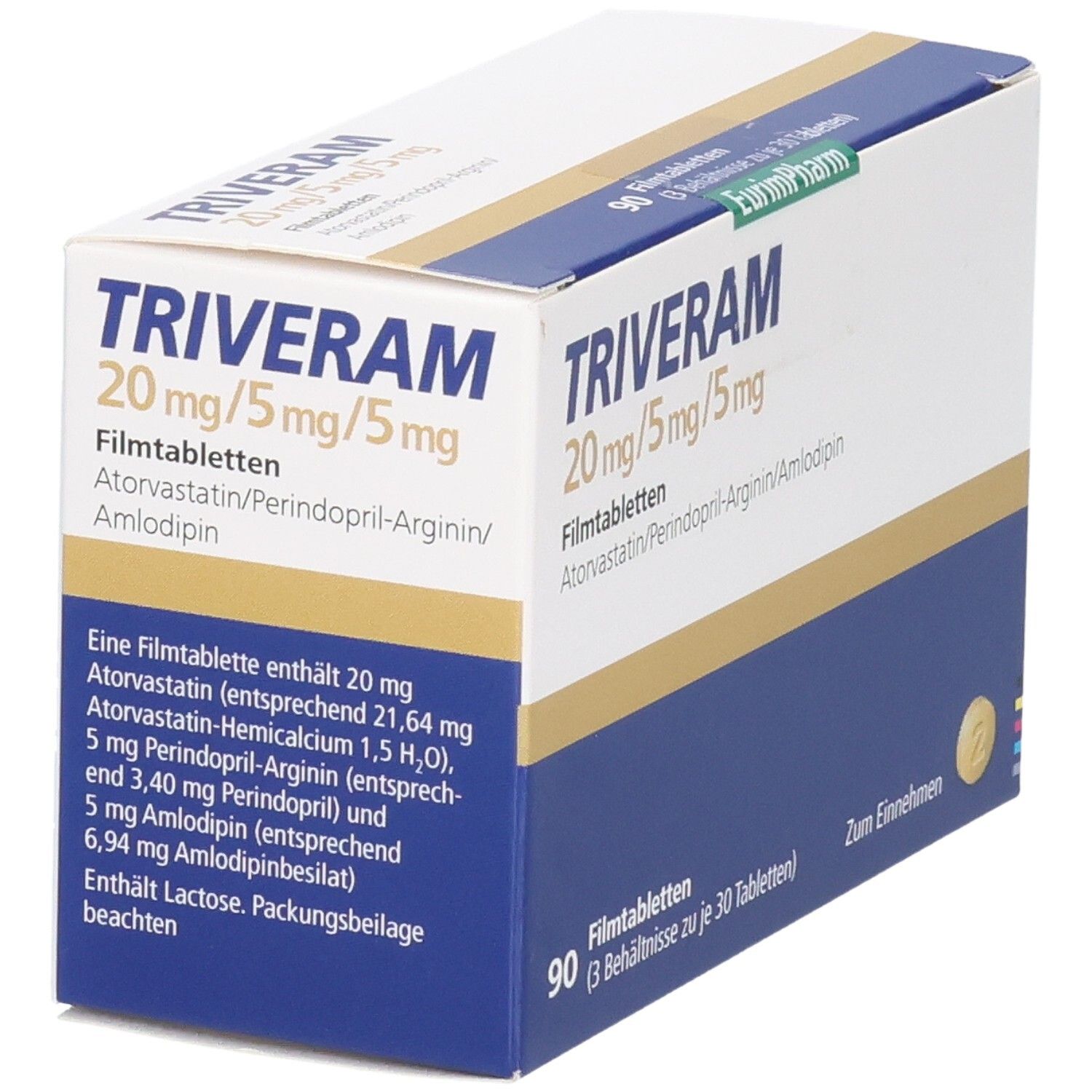 Schachtel TRIVERAM 20 mg/5 mg/5 mg Filmtabletten. Blaue und weiße Verpackung. Enthält 90 Tabletten.