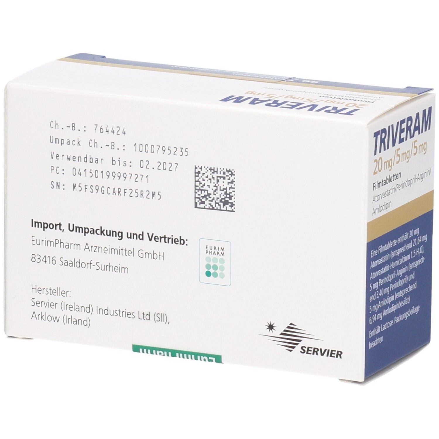 Rückseite der Schachtel TRIVERAM 20 mg/5 mg/5 mg Filmtabletten. Herstellerinformationen und Chargennummer.