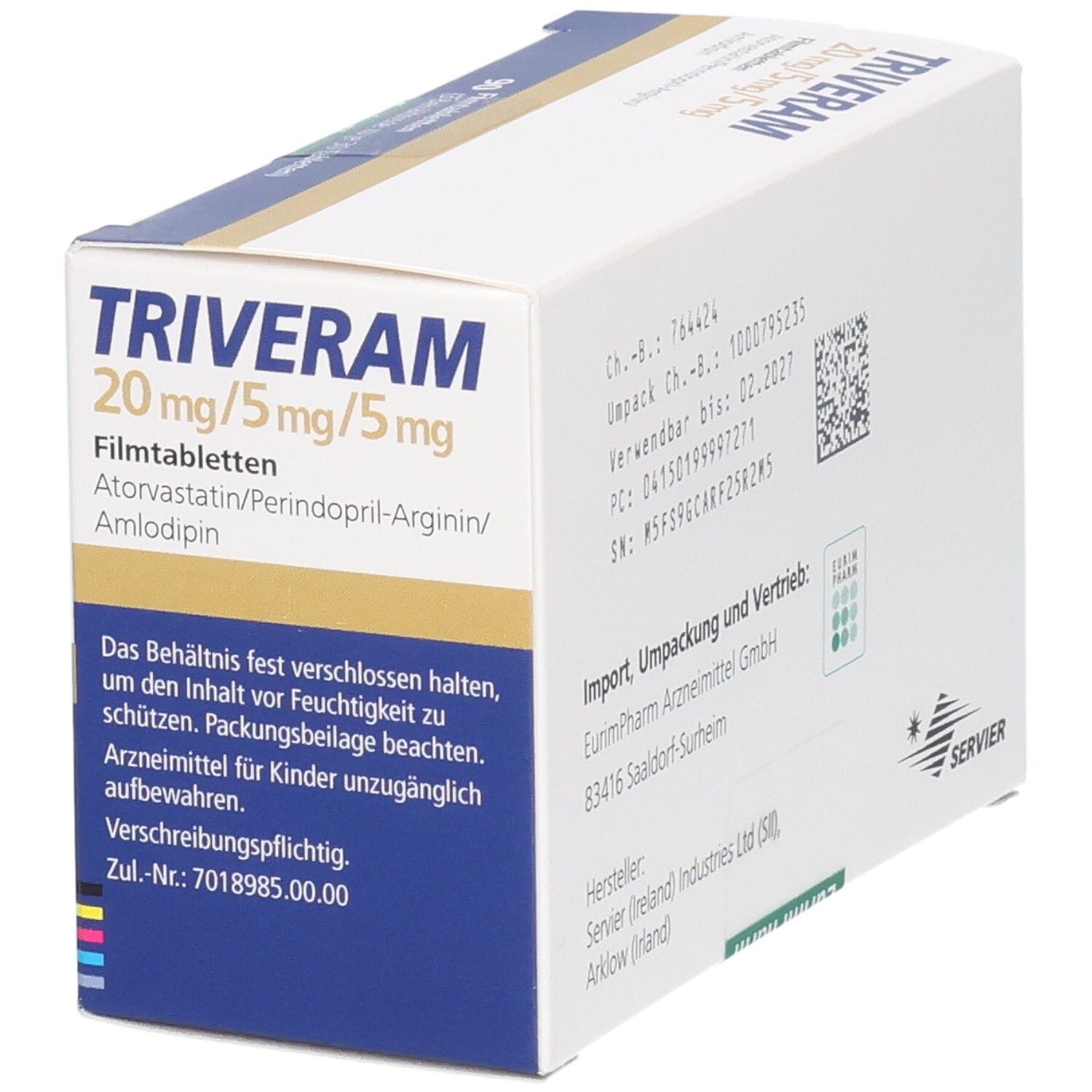 Schachtel TRIVERAM 20 mg/5 mg/5 mg Filmtabletten. Blaue und weiße Verpackung. Rückseite mit Text.