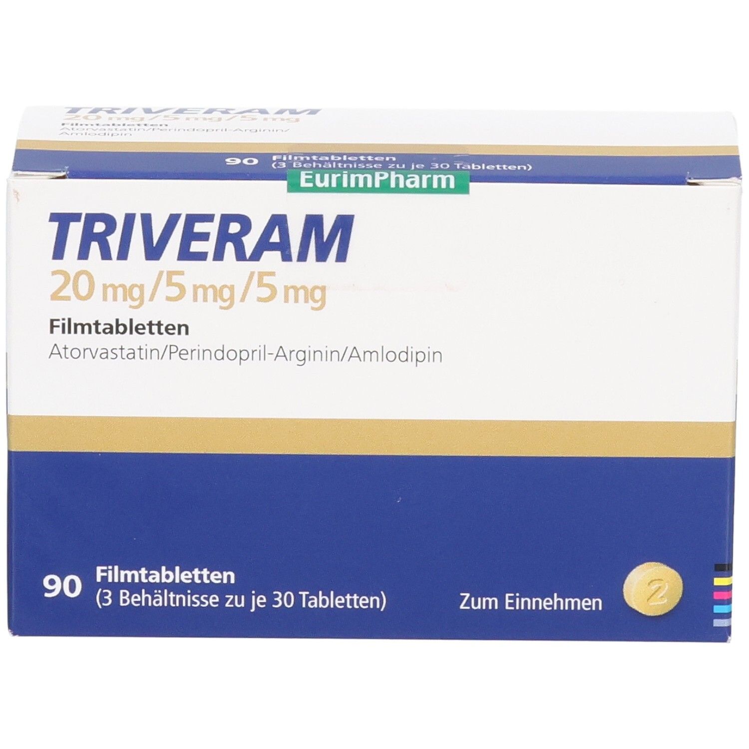 Schachtel TRIVERAM 20 mg/5 mg/5 mg Filmtabletten. Blaue und weiße Verpackung. 90 Tabletten.