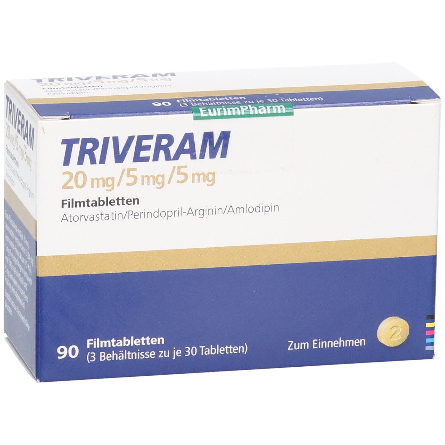 Schachtel TRIVERAM 20 mg/5 mg/5 mg Filmtabletten. Blaue und weiße Verpackung. 90 Tabletten.