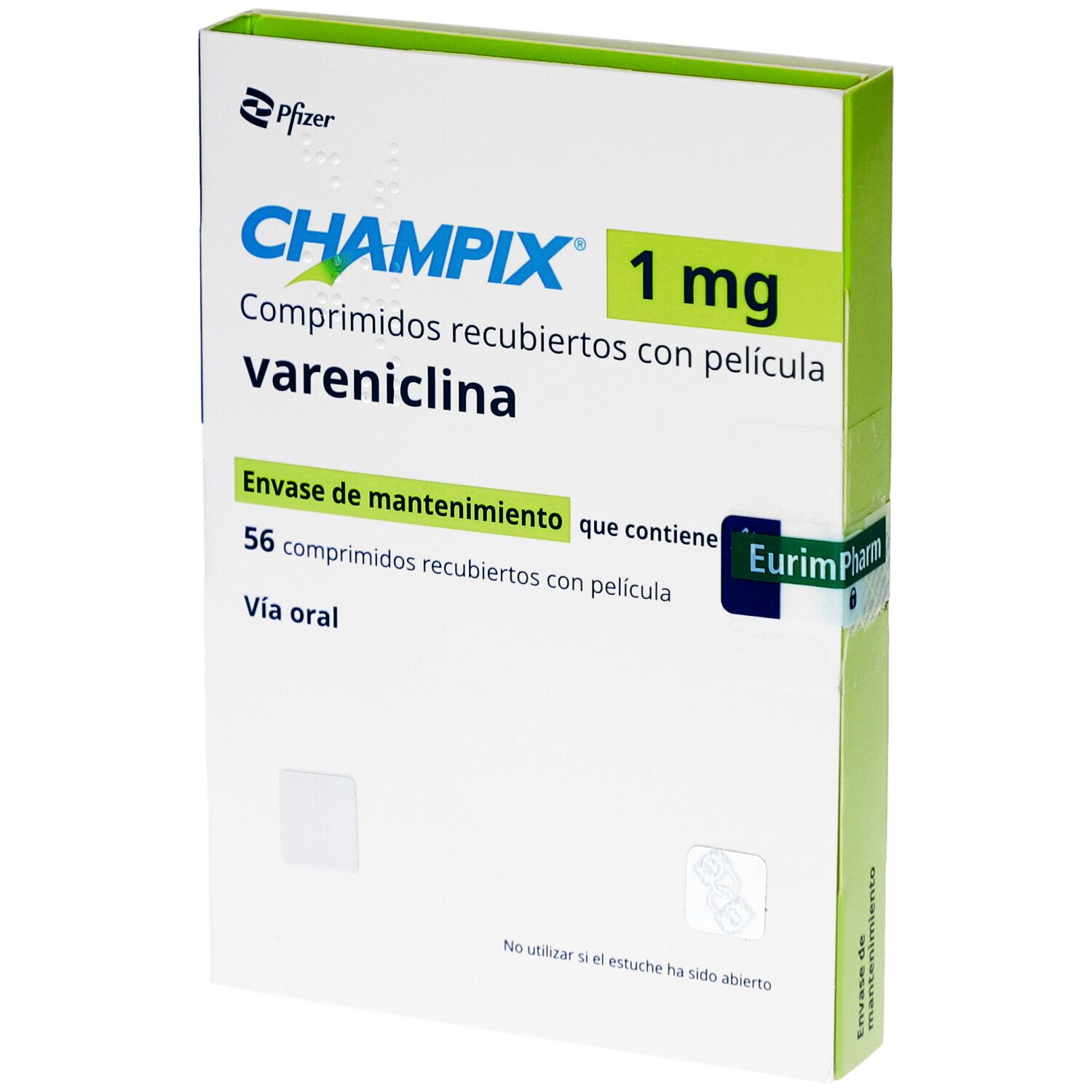 Schachtel mit CHAMPIX 1 mg Filmtabletten. Enthält 56 Tabletten. Aufschrift: Vareniclin. Hersteller: Pfizer.