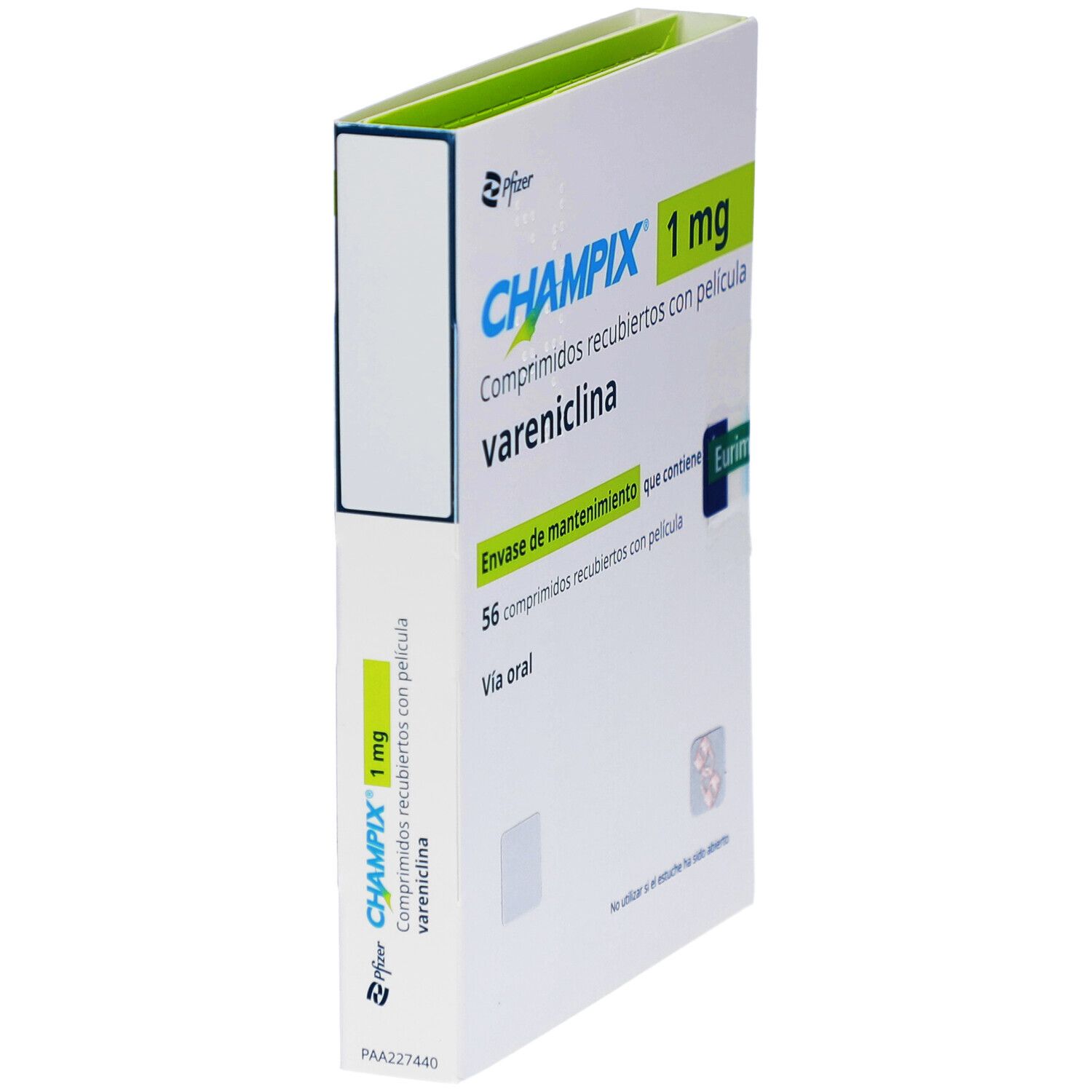 Schachtel mit CHAMPIX 1 mg Filmtabletten. Seitenansicht. Aufschrift: Vareniclin. Enthält 56 Tabletten. Hersteller: Pfizer.
