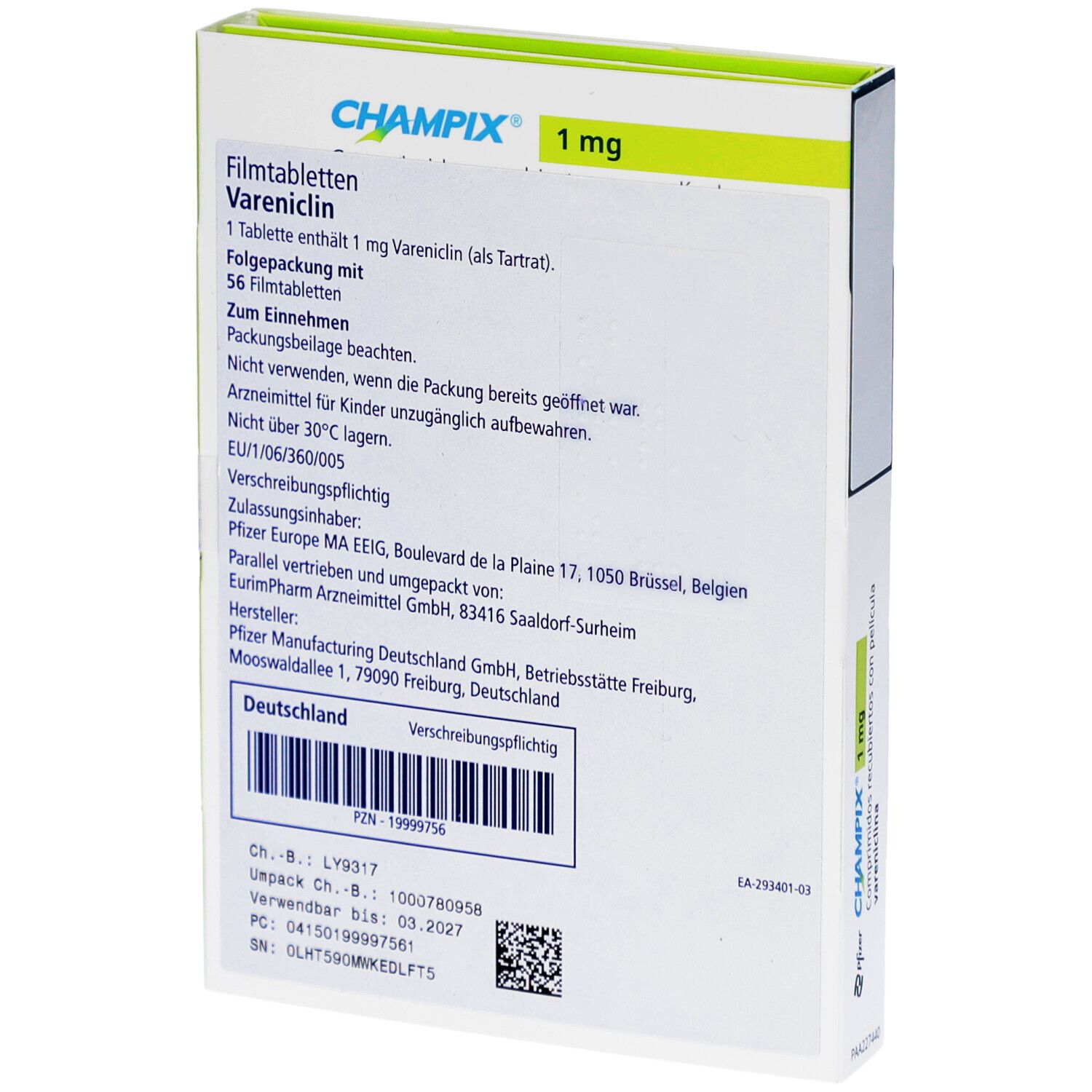 Rückseite der CHAMPIX 1 mg Filmtabletten-Packung. Informationen zu Inhaltsstoffen, Hersteller und Chargennummer.