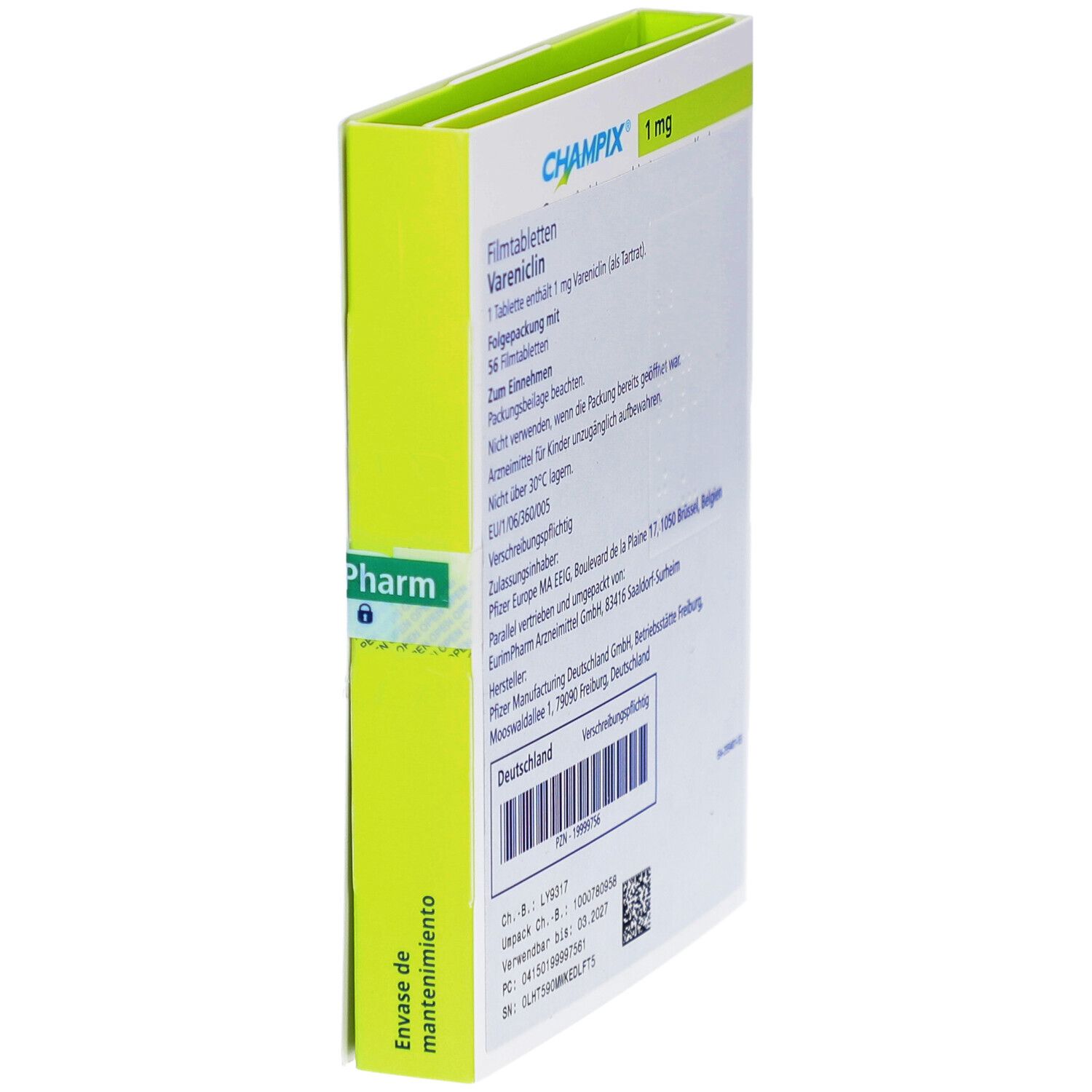 Seitenansicht der CHAMPIX 1 mg Filmtabletten-Packung. Informationen zu Inhaltsstoffen, Hersteller und Chargennummer.
