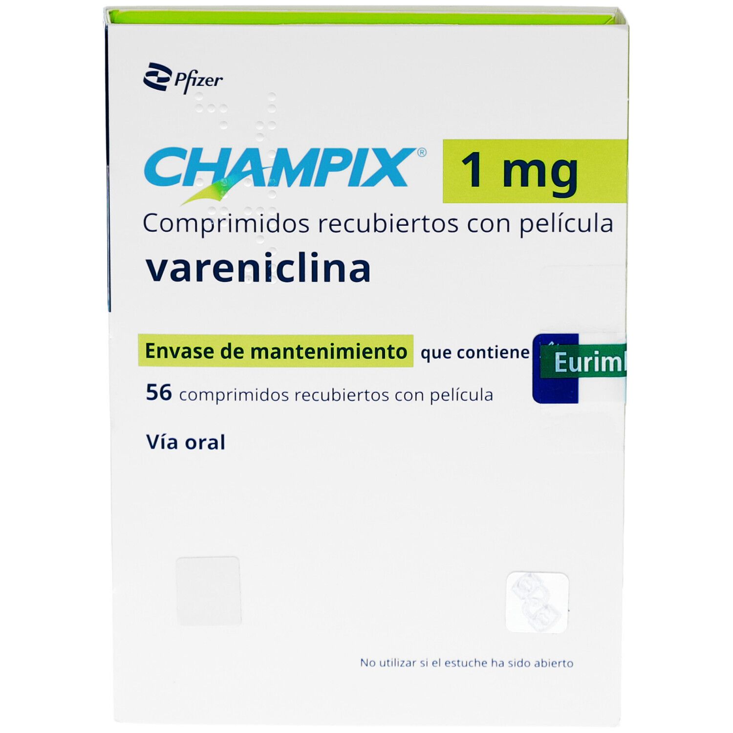 Schachtel mit CHAMPIX 1 mg Filmtabletten. Enthält 56 Tabletten. Aufschrift: Vareniclin. Hersteller: Pfizer.