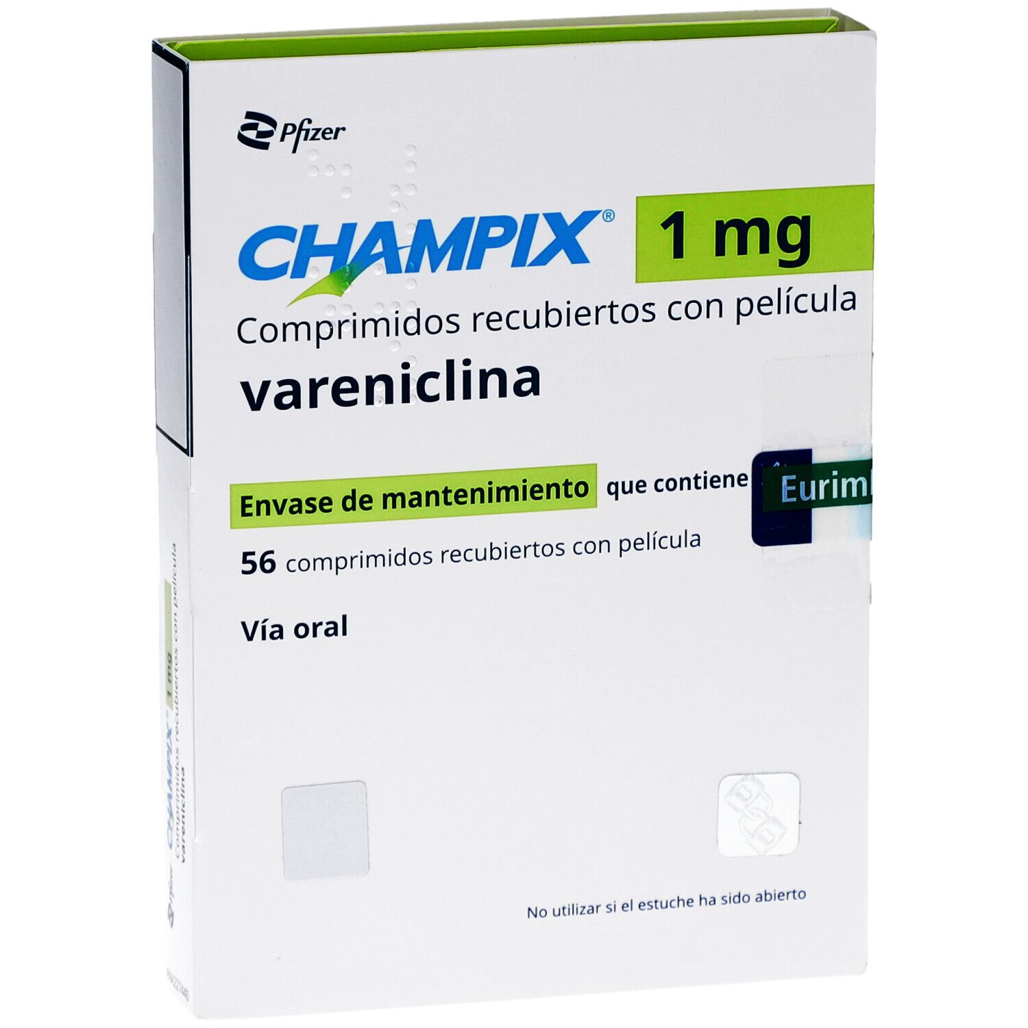 Schachtel mit CHAMPIX 1 mg Filmtabletten. Enthält 56 Tabletten. Aufschrift: Vareniclin. Hersteller: Pfizer.