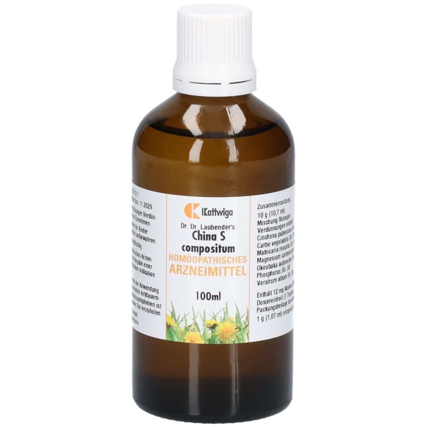 Braune Glasflasche mit weißem Deckel. Etikett mit Produktinformationen und Logo. 100ml. Homöopathisches Arzneimittel.