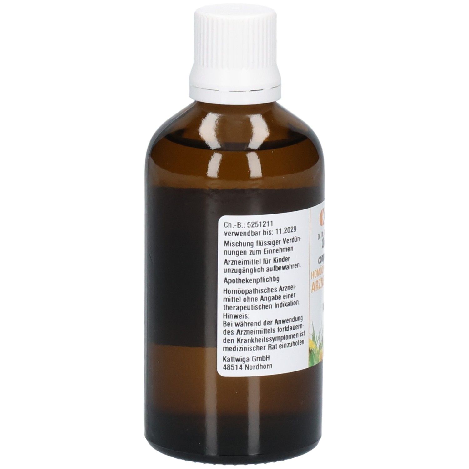 Rückseite einer braunen Glasflasche mit weißem Deckel. Etikett mit Produktinformationen. Homöopathisches Arzneimittel.
