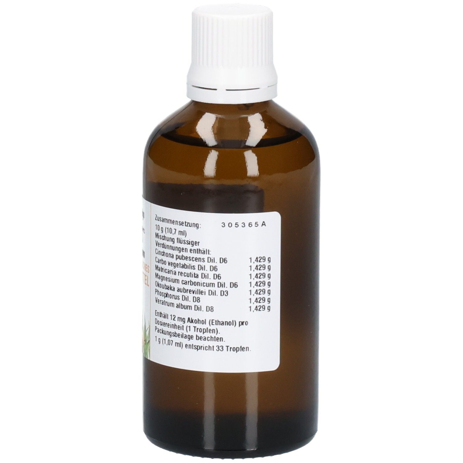 Braune Glasflasche mit weißem Deckel. Etikett mit Inhaltsstoffen und Logo. Homöopathisches Arzneimittel.