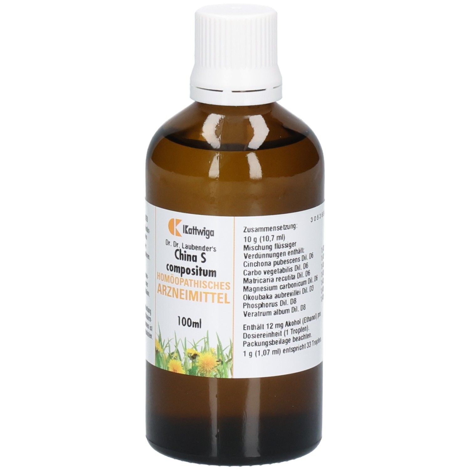 Braune Glasflasche mit weißem Deckel. Etikett mit Produktinformationen und Logo. 100ml. Homöopathisches Arzneimittel.