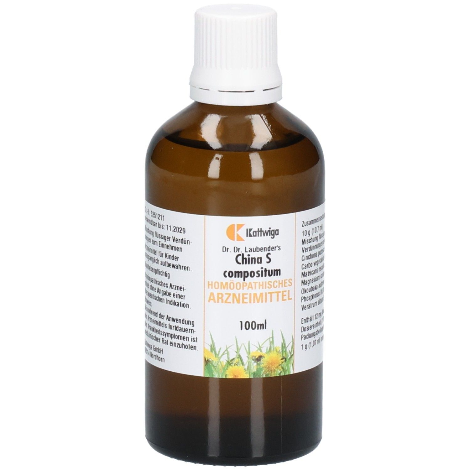 Braune Glasflasche mit weißem Deckel. Etikett mit Produktinformationen und Logo. 100ml. Homöopathisches Arzneimittel.