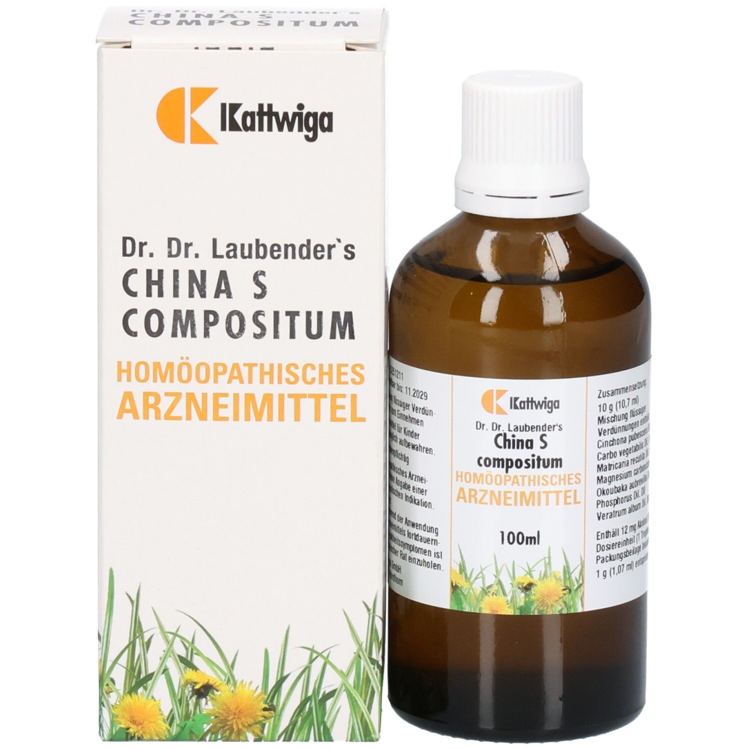 Produktflasche und Schachtel. Braune Flasche mit weißem Deckel. Schachtel mit Logo und Produktnamen. Homöopathisches Arzneimittel.