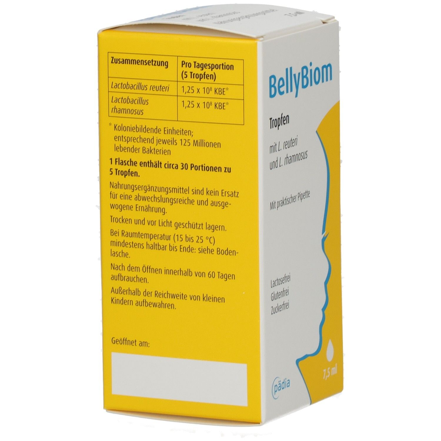 Rückseite der BellyBiom Tropfen Verpackung. Enthält Informationen zu Inhaltsstoffen, Dosierung und Haltbarkeit.