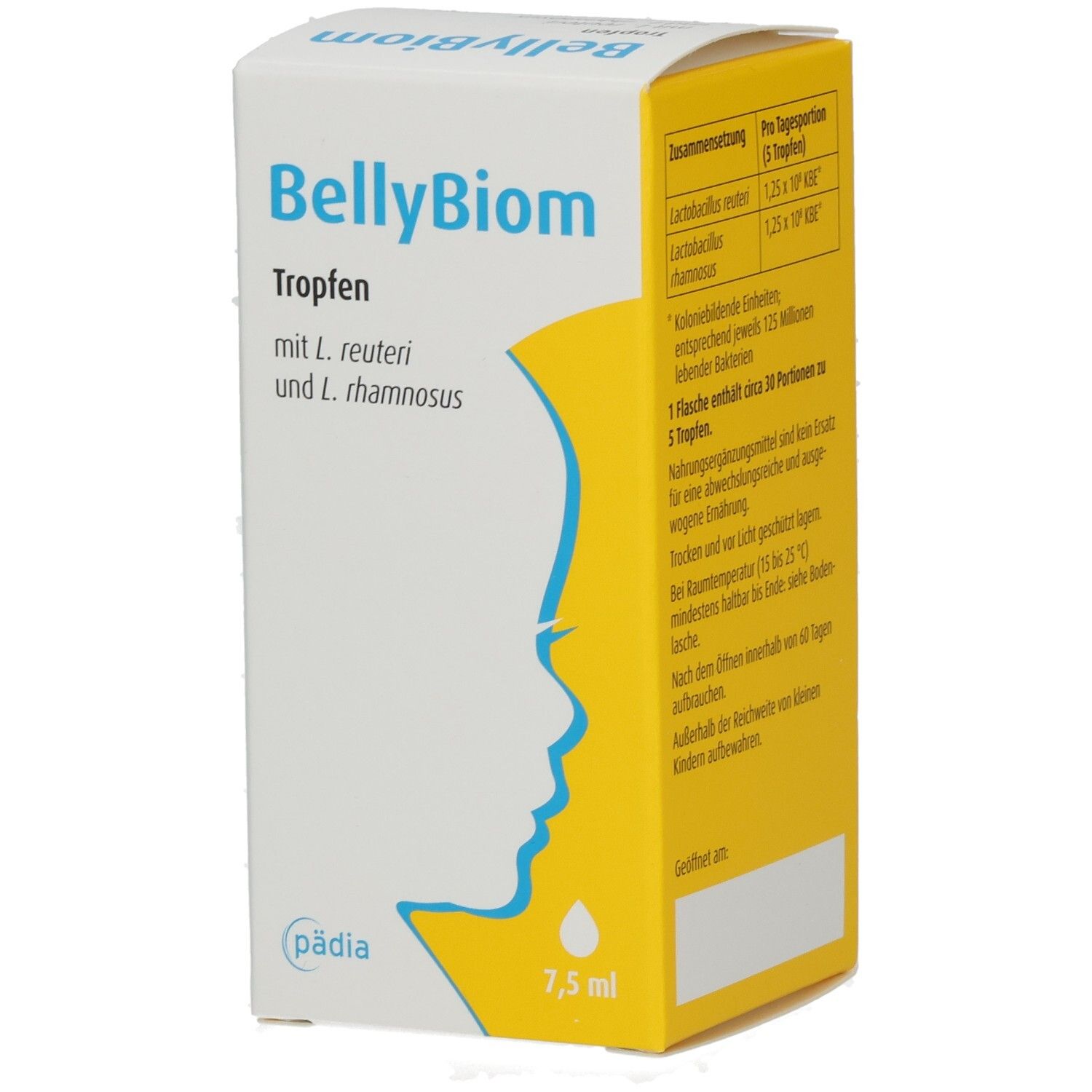 Seitenansicht der BellyBiom Tropfen Verpackung. Enthält Informationen zu Inhaltsstoffen und Dosierung.
