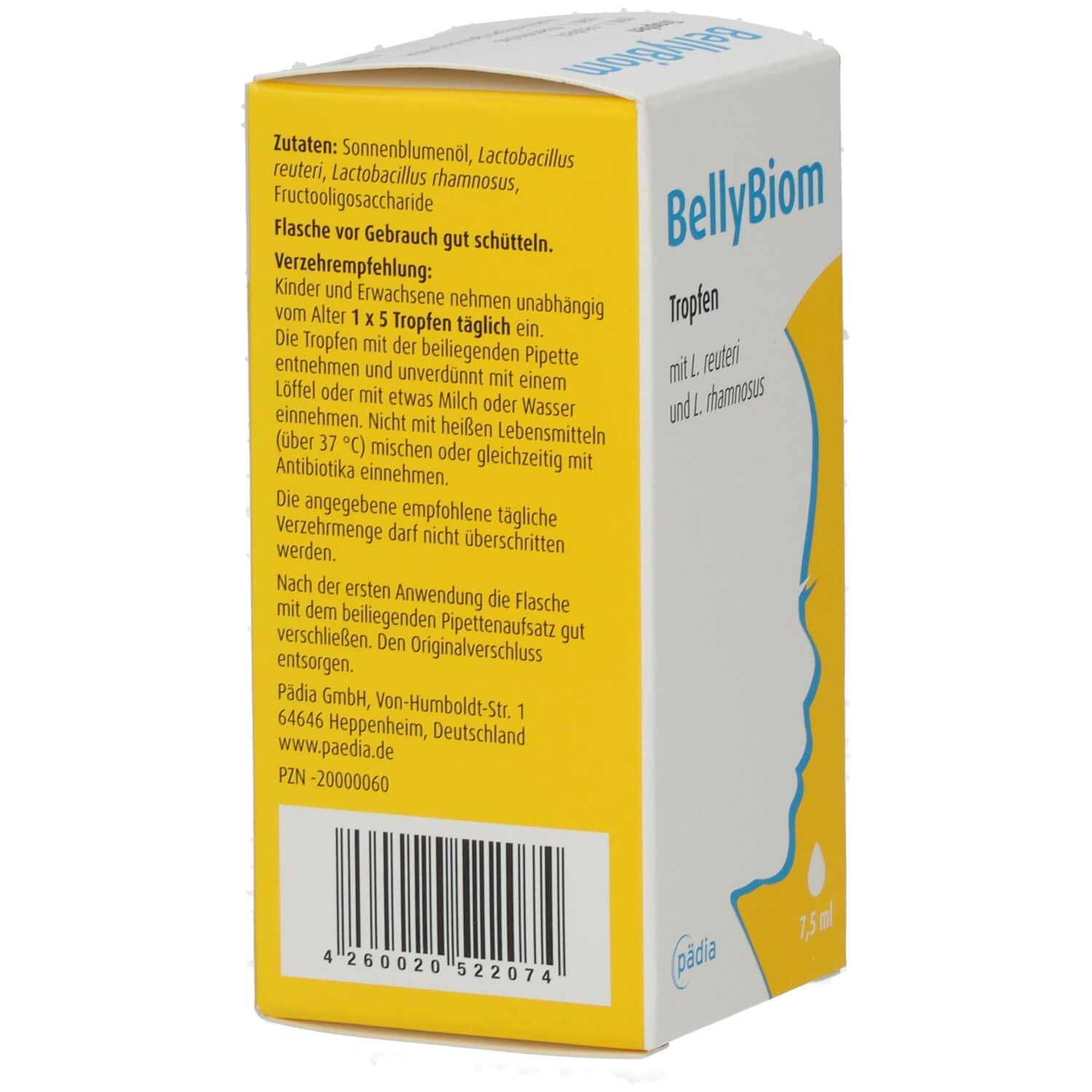 Seitenansicht der BellyBiom Tropfen Verpackung. Enthält Informationen zu Inhaltsstoffen und Anwendung.