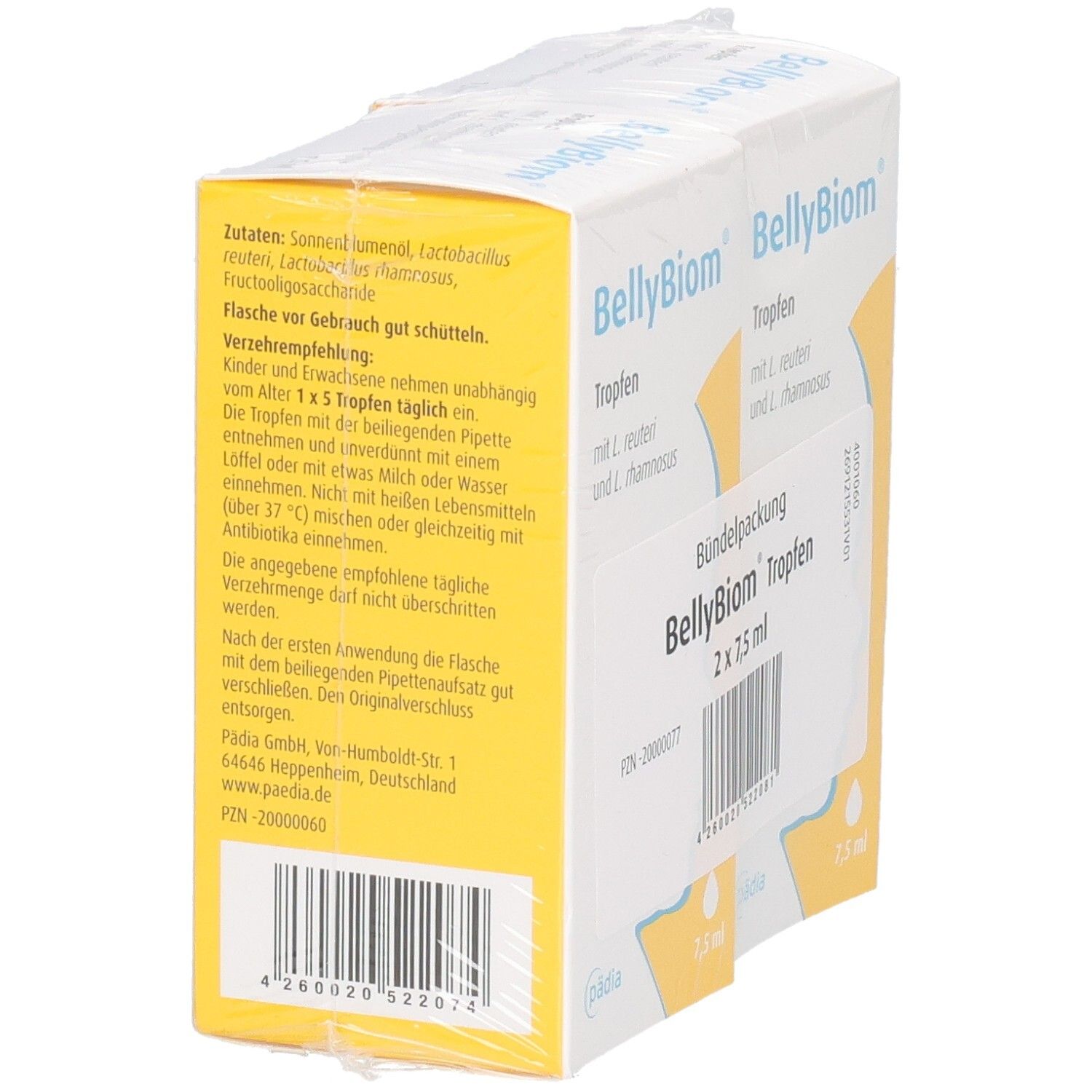 Zwei Packungen BellyBiom Tropfen. Aufschrift: Tropfen mit L. reuteri & L. rhamnosus. Rückseite mit Inhaltsstoffen und Anwendung.