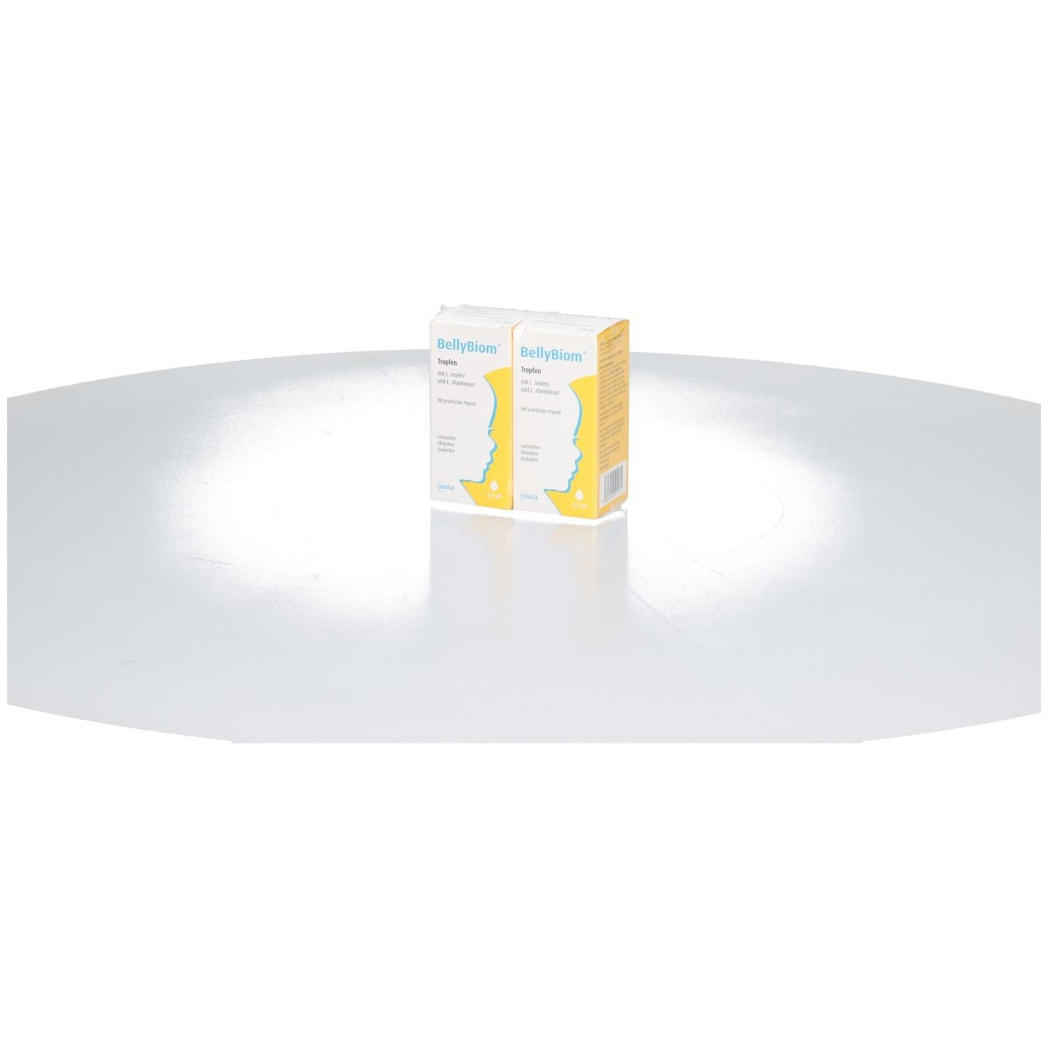 Zwei Packungen BellyBiom Tropfen auf weißem Untergrund. Produktnamen und Logos sind sichtbar.