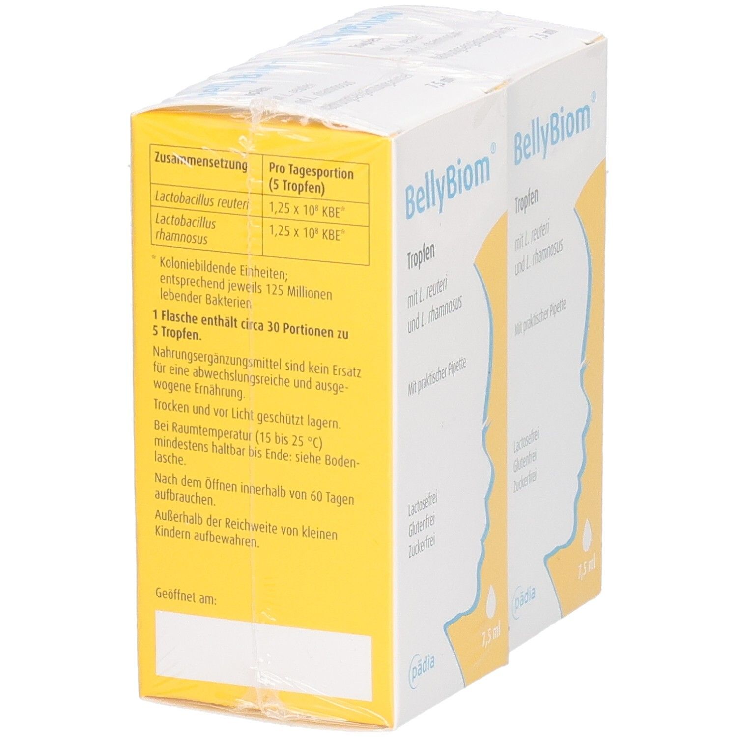 Zwei Packungen BellyBiom Tropfen. Aufschrift: Tropfen mit L. reuteri & L. rhamnosus. Rückseite mit Inhaltsstoffen und Anwendung.