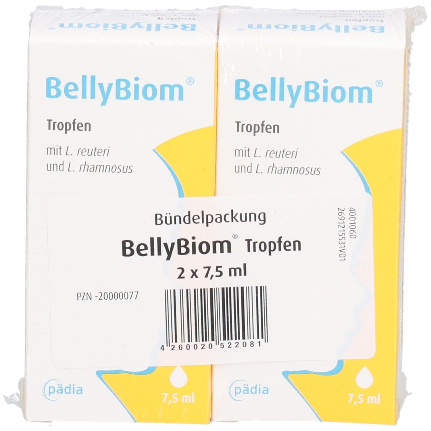 Zwei Packungen BellyBiom Tropfen. Aufschrift: Tropfen mit L. reuteri & L. rhamnosus. Bündelpackung 2 x 7,5 ml.