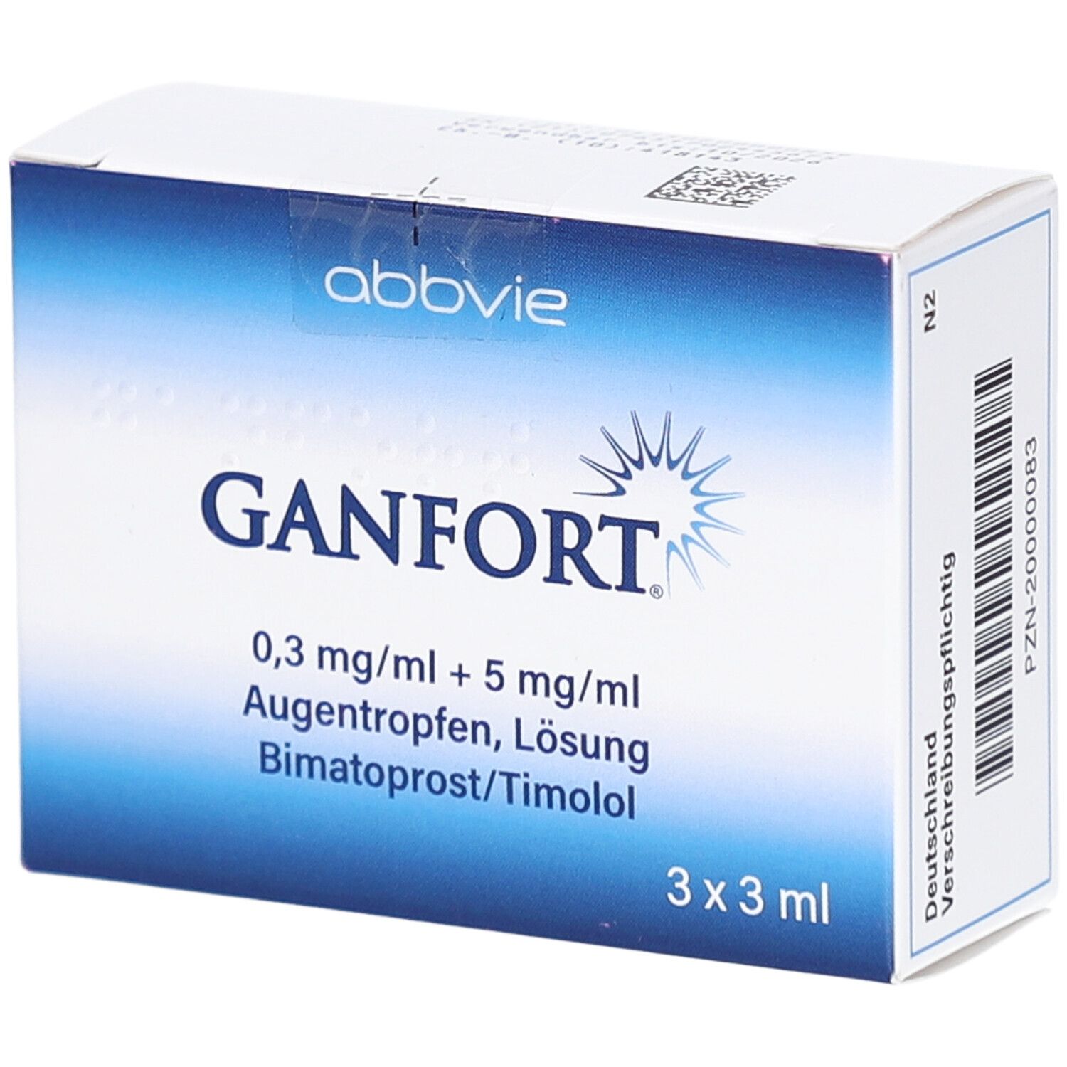 Karton von GANFORT Augentropfen. Blaue und weiße Verpackung. Enthält 3 x 3 ml. Mit Produktnamen und Inhaltsstoffen.