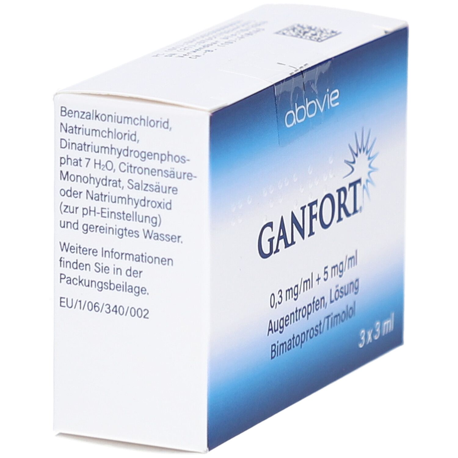 Karton von GANFORT Augentropfen. Blaue und weiße Verpackung. Enthält 3 x 3 ml. Inhaltsstoffe und Herstellerangaben.