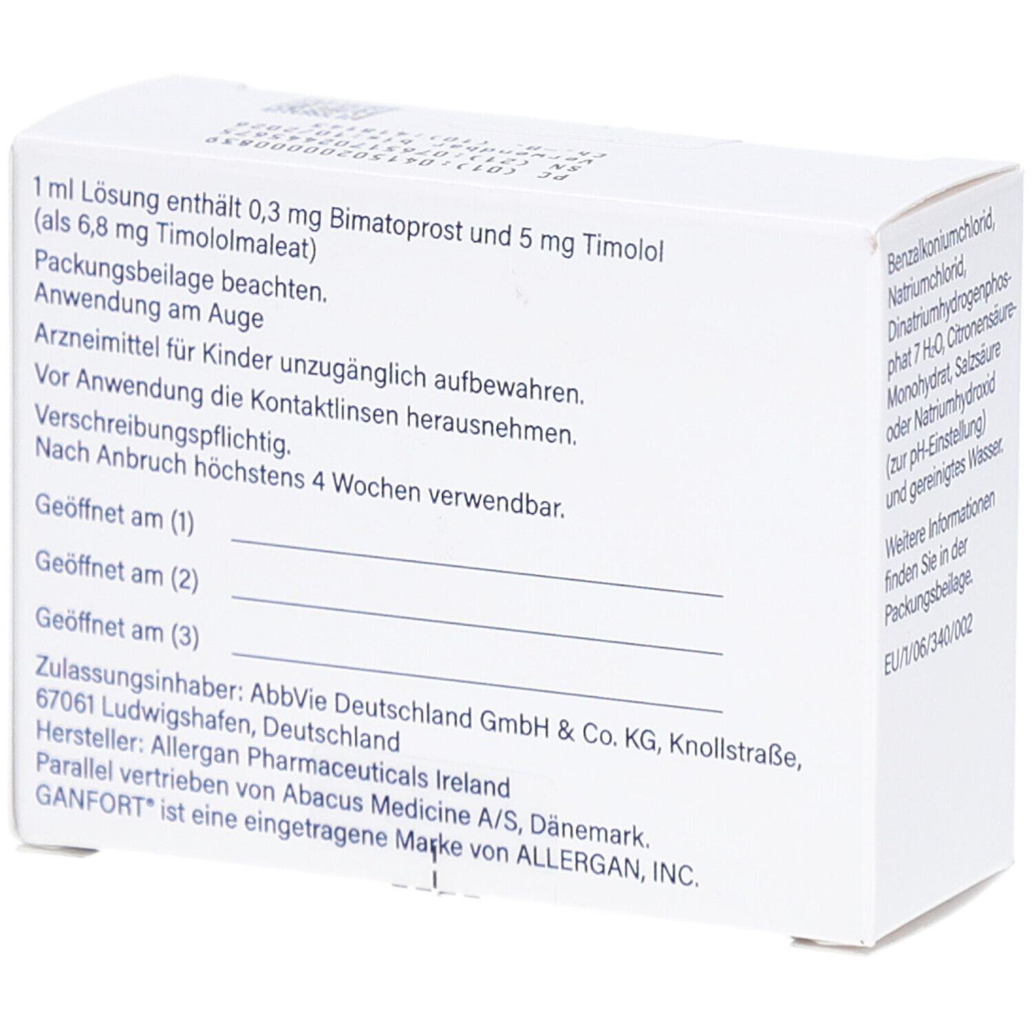 Rückseite der GANFORT Augentropfen-Verpackung. Enthält Informationen zu Inhaltsstoffen und Anwendung.