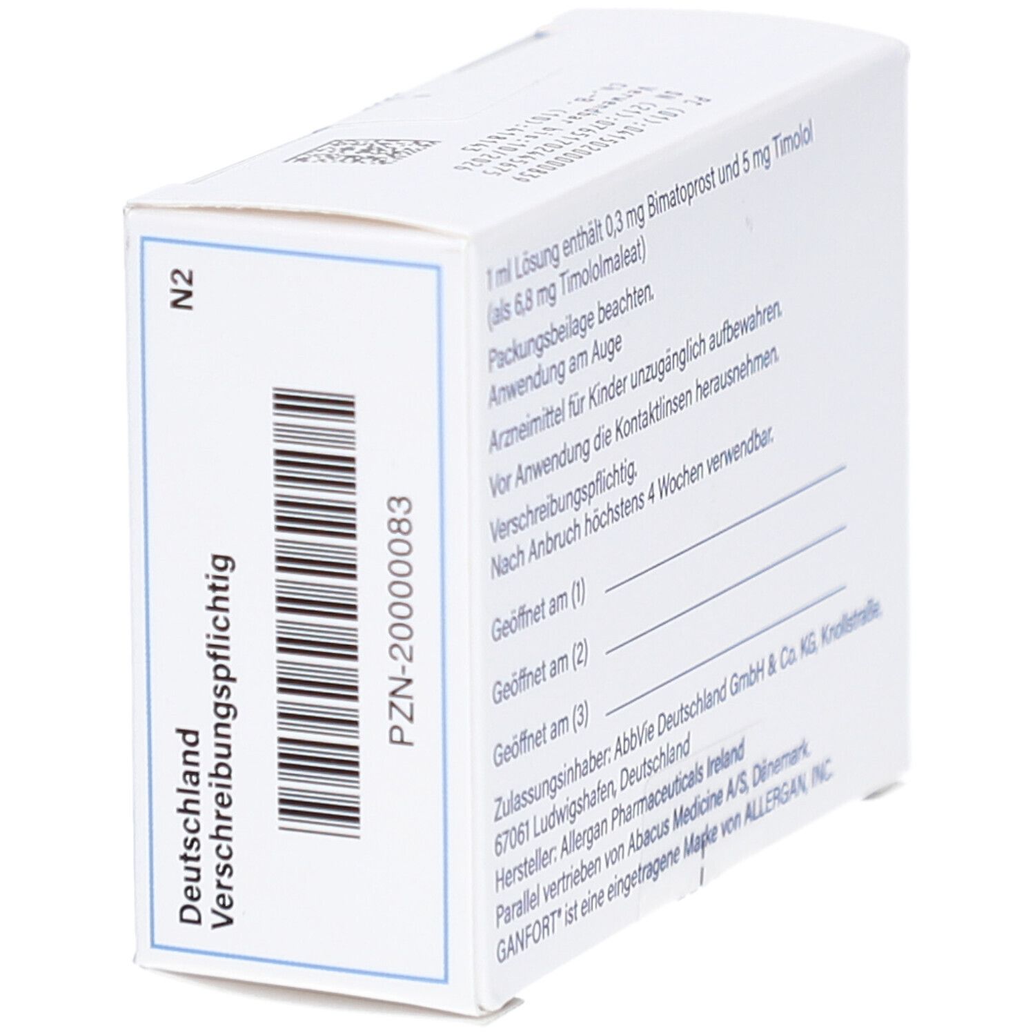 Rückseite der GANFORT Augentropfen-Verpackung. Enthält Informationen zu Inhaltsstoffen und Anwendung.