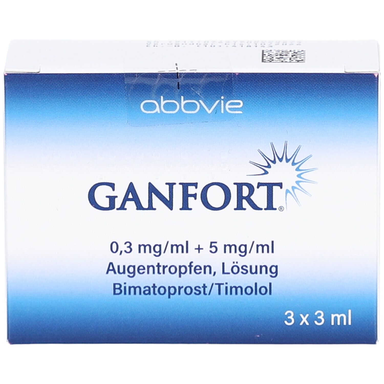 Karton von GANFORT Augentropfen. Blaue und weiße Verpackung. Enthält 3 x 3 ml. Mit Produktnamen und Inhaltsstoffen.