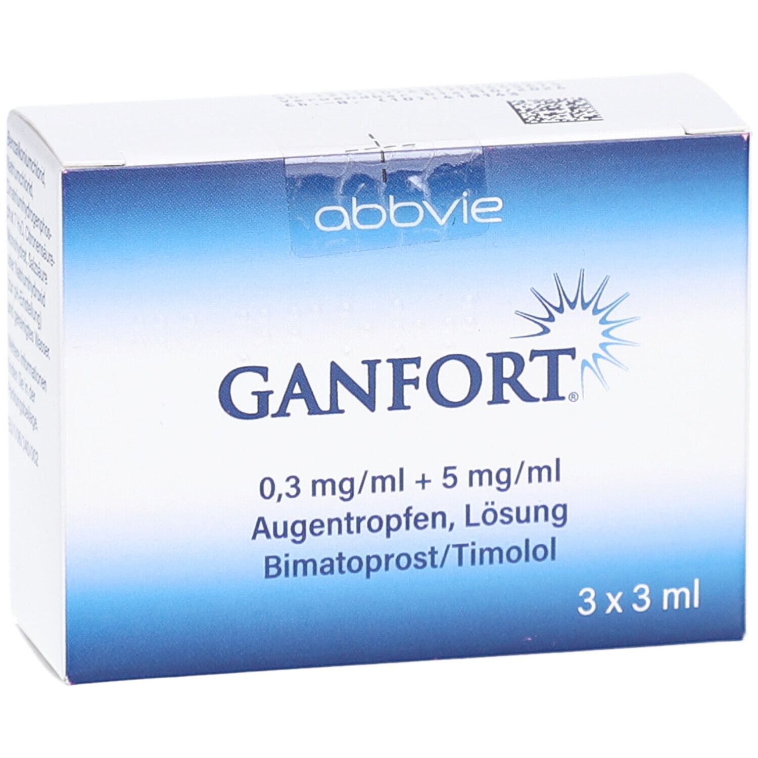 Karton von GANFORT Augentropfen. Blaue und weiße Verpackung. Enthält 3 x 3 ml. Mit Produktnamen und Inhaltsstoffen.